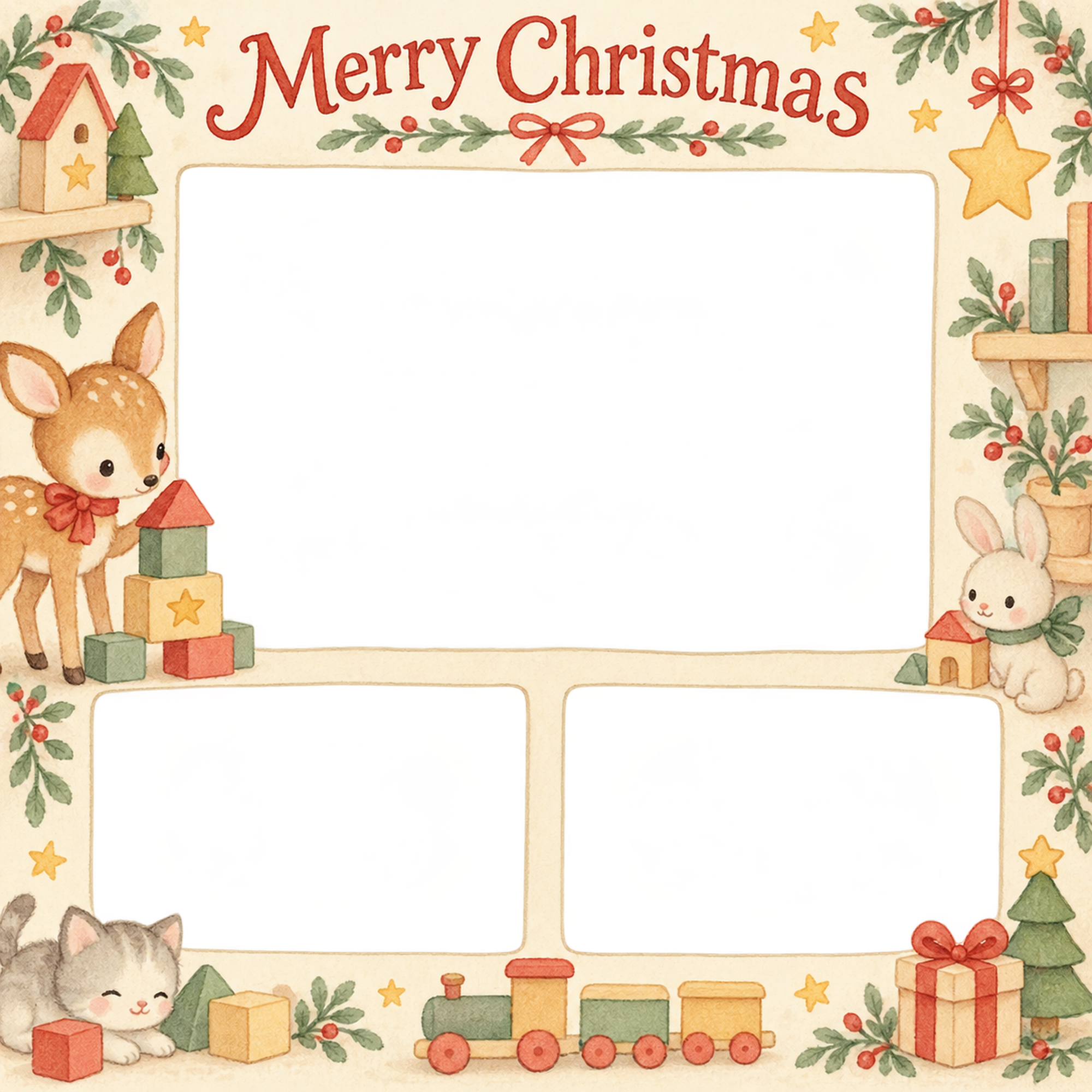 子鹿と積み木の赤ちゃんの初めてのクリスマス写真フレーム｜木のおもちゃの部屋・無料イラスト 99820に写真・文字を入れる