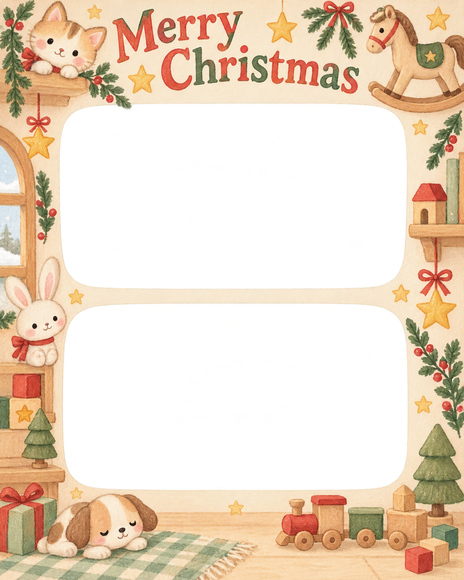 木馬と星の赤ちゃんの初めてのクリスマス写真フレーム｜木のおもちゃの部屋・無料イラスト 99821に写真・文字を入れる