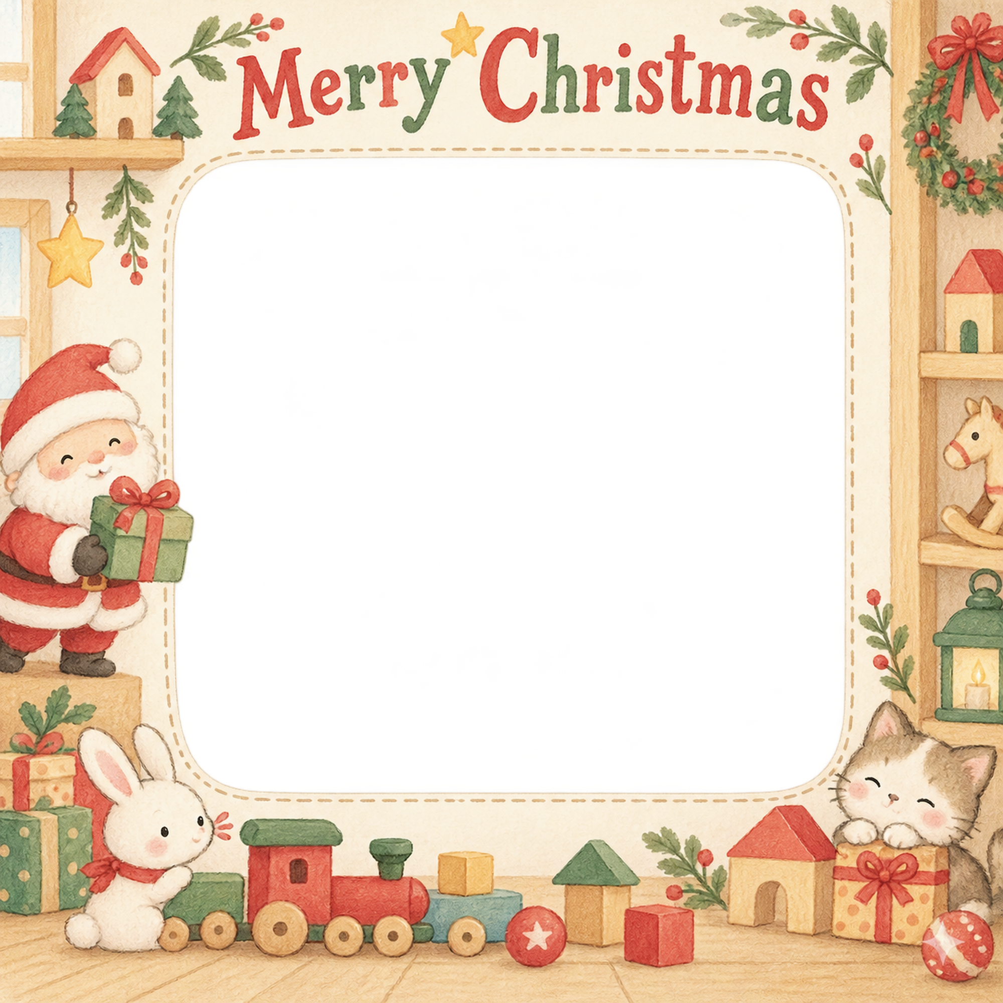 小さな汽車の赤ちゃんの初めてのクリスマス写真フレーム｜木のおもちゃの部屋・無料イラスト 99822に写真・文字を入れる