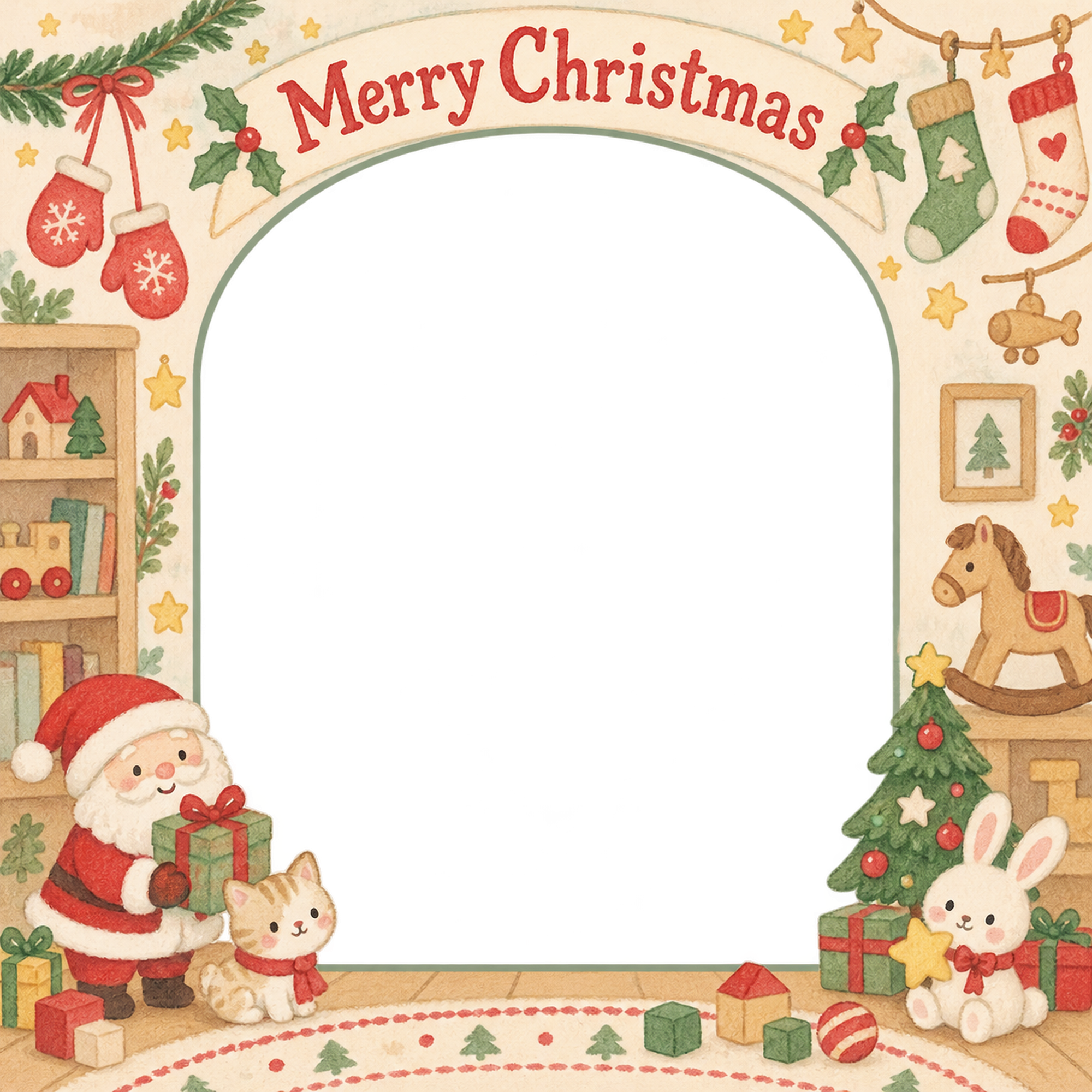 ミトンとくつしたの赤ちゃんの初めてのクリスマス写真フレーム｜木のおもちゃの部屋・無料イラスト 99823に写真・文字を入れる