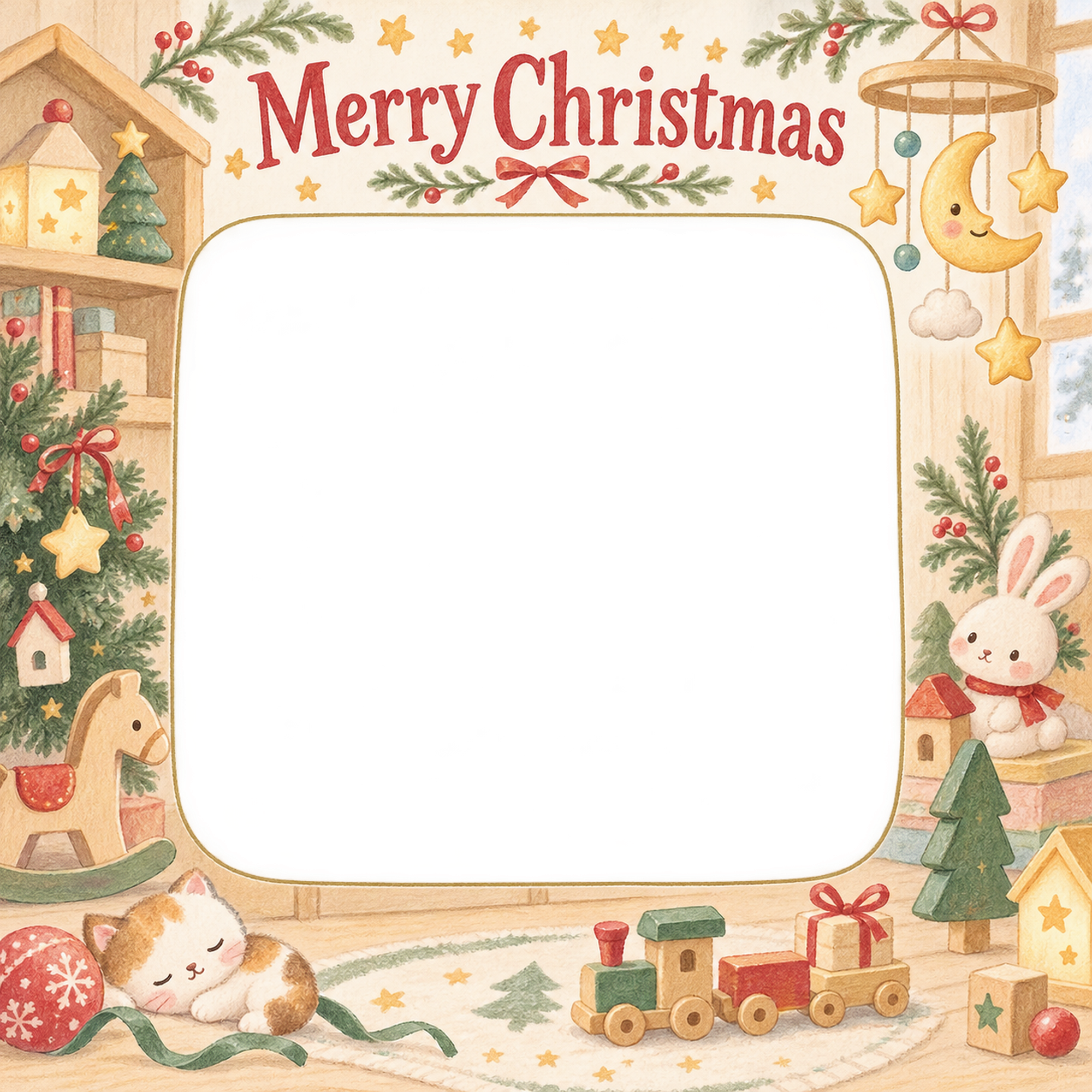 月と星のモビールの赤ちゃんの初めてのクリスマス写真フレーム｜木のおもちゃの部屋・無料イラスト 99824に写真・文字を入れる