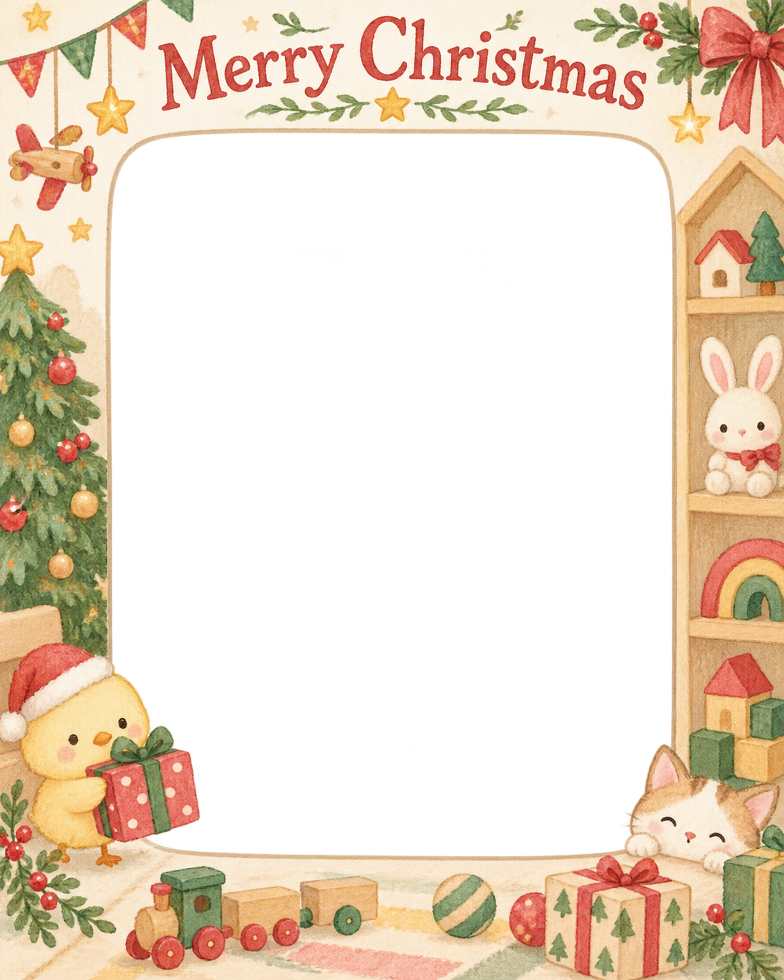 ひよこと贈り物の赤ちゃんの初めてのクリスマス写真フレーム｜木のおもちゃの部屋・無料イラスト 99825に写真・文字を入れる