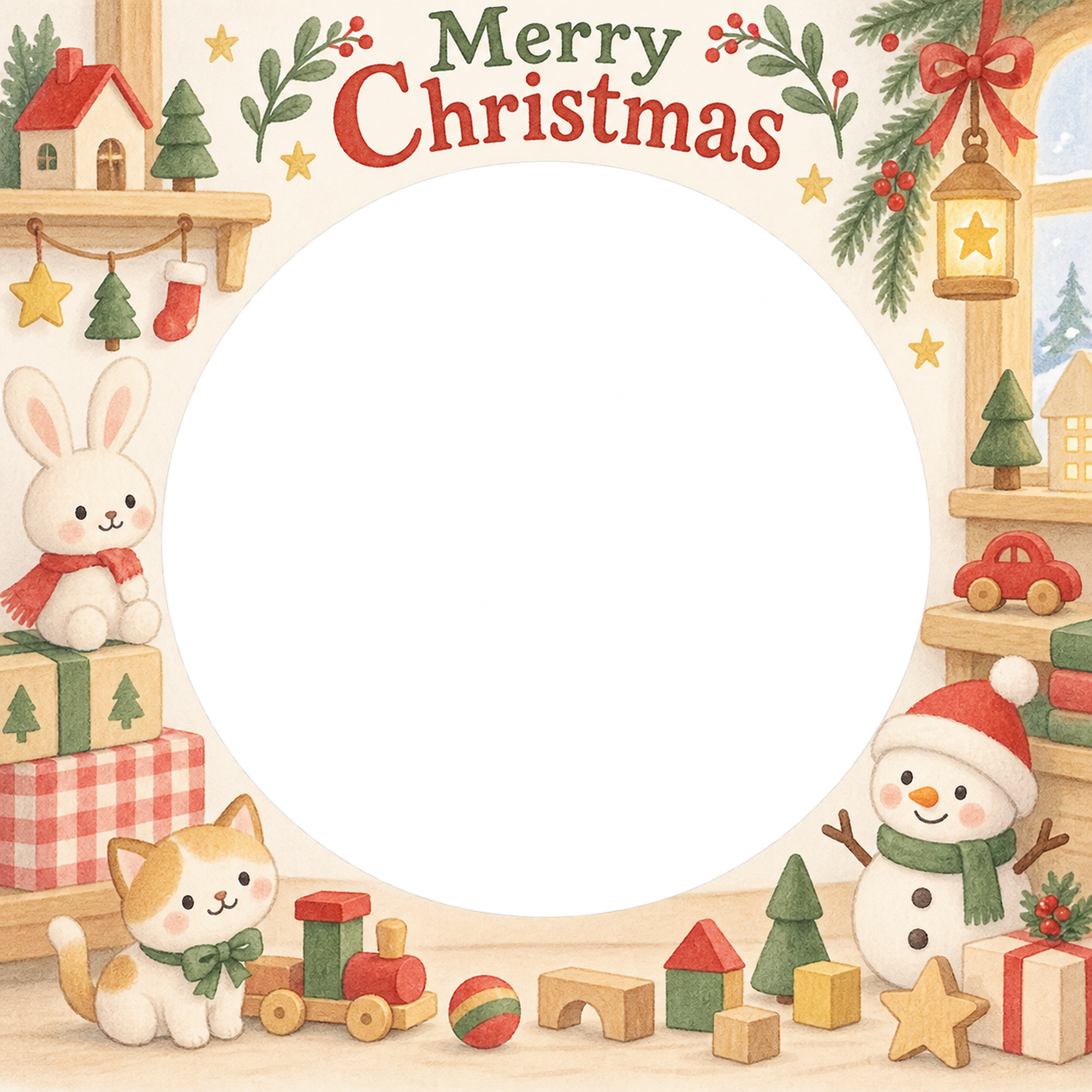 ゆきだるまのおもちゃの赤ちゃんの初めてのクリスマス写真フレーム｜木のおもちゃの部屋・無料イラスト 99826に写真・文字を入れる