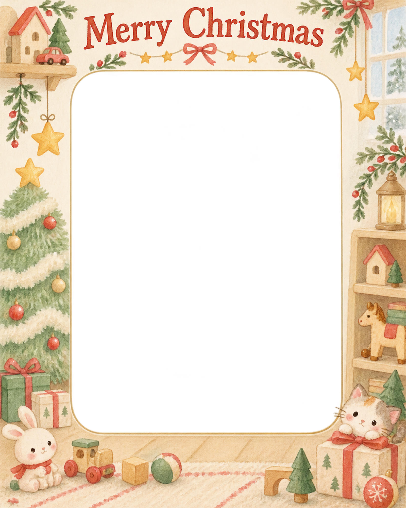 ふわふわのツリーの赤ちゃんの初めてのクリスマス写真フレーム｜木のおもちゃの部屋・無料イラスト 99827に写真・文字を入れる