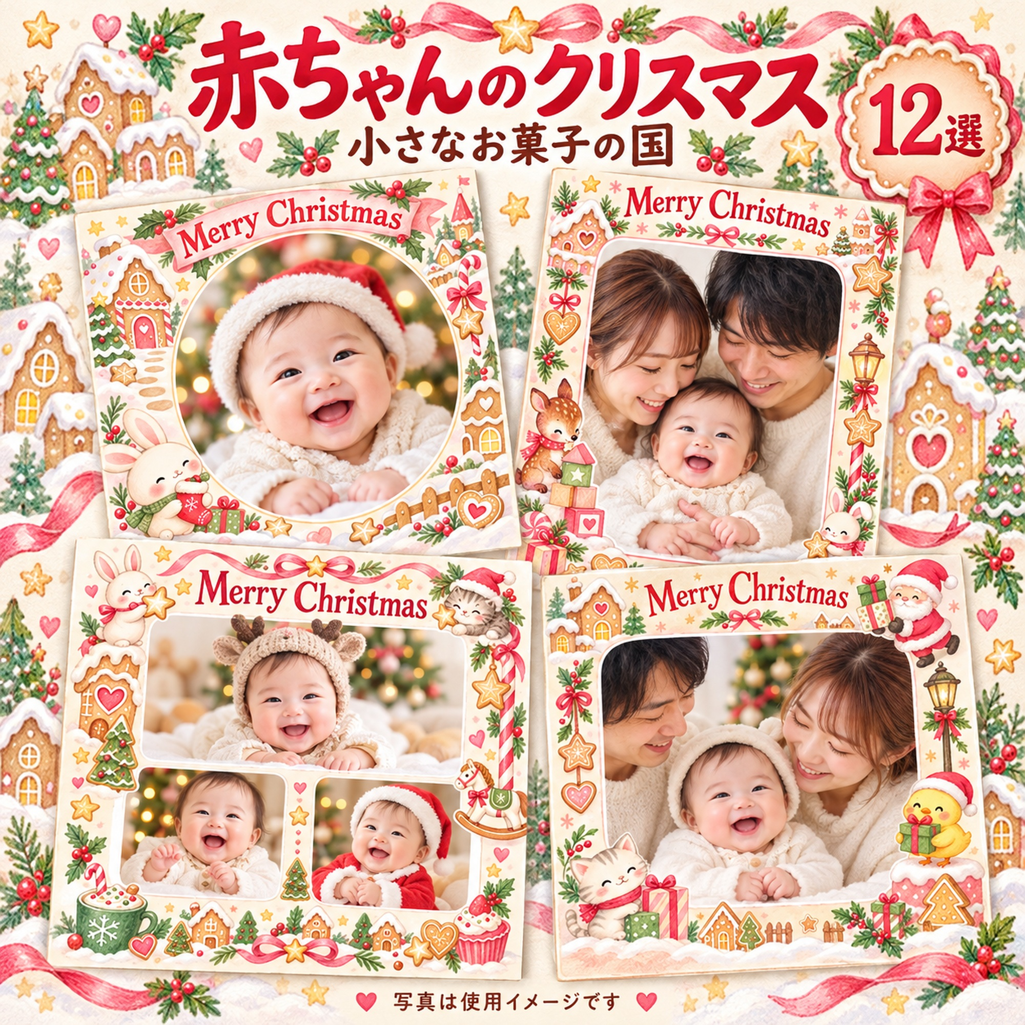 赤ちゃんの初めてのクリスマス写真フレーム12選｜小さなお菓子の国の無料イラスト素材 99828に写真・文字を入れる