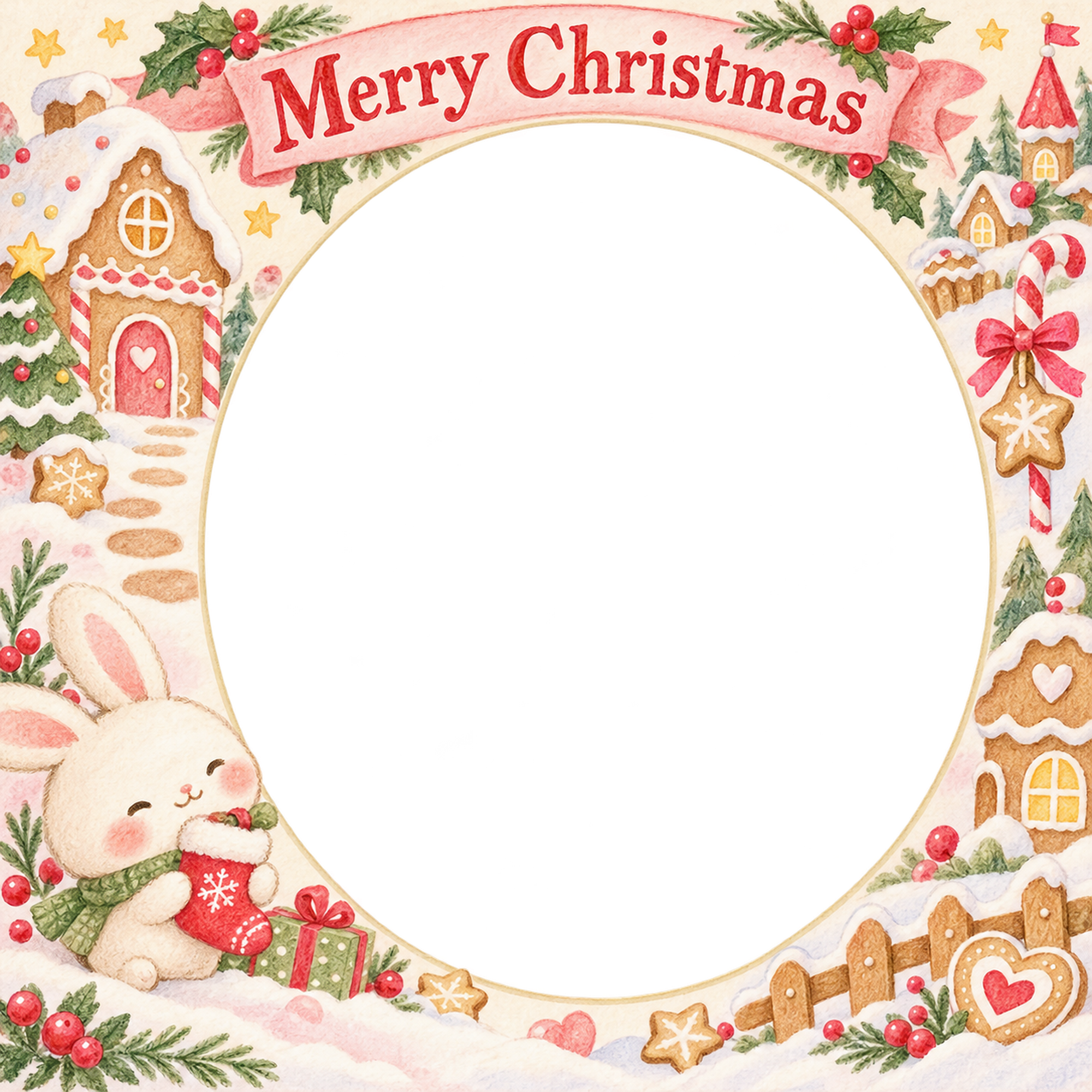 うさぎと小さな靴下の赤ちゃんの初めてのクリスマス写真フレーム｜小さなお菓子の国・無料イラスト 99829に写真・文字を入れる