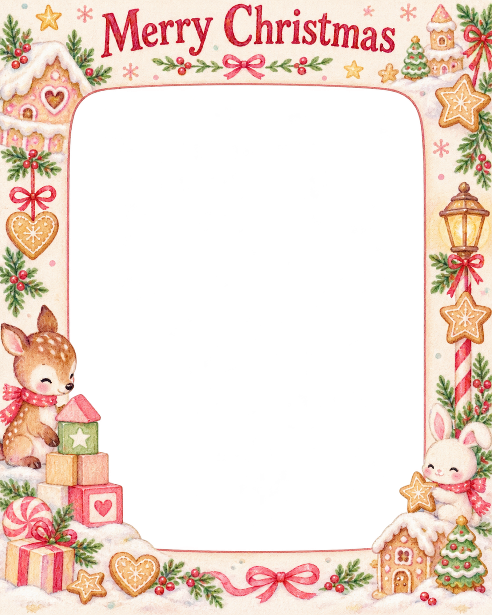 子鹿と積み木の赤ちゃんの初めてのクリスマス写真フレーム｜小さなお菓子の国・無料イラスト 99830に写真・文字を入れる