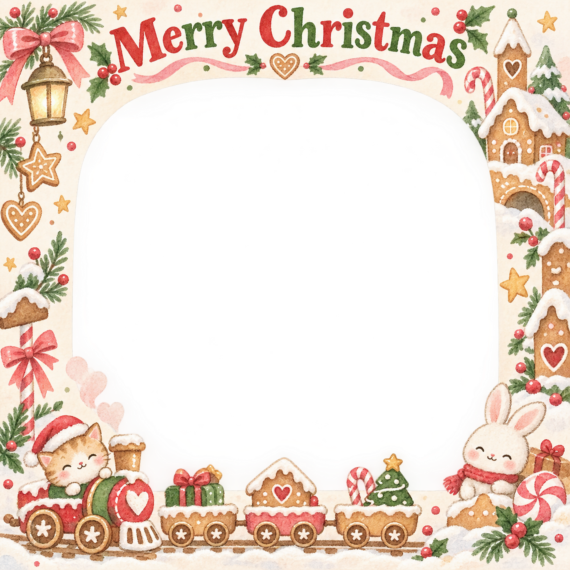 小さな汽車の赤ちゃんの初めてのクリスマス写真フレーム｜小さなお菓子の国・無料イラスト 99832に写真・文字を入れる