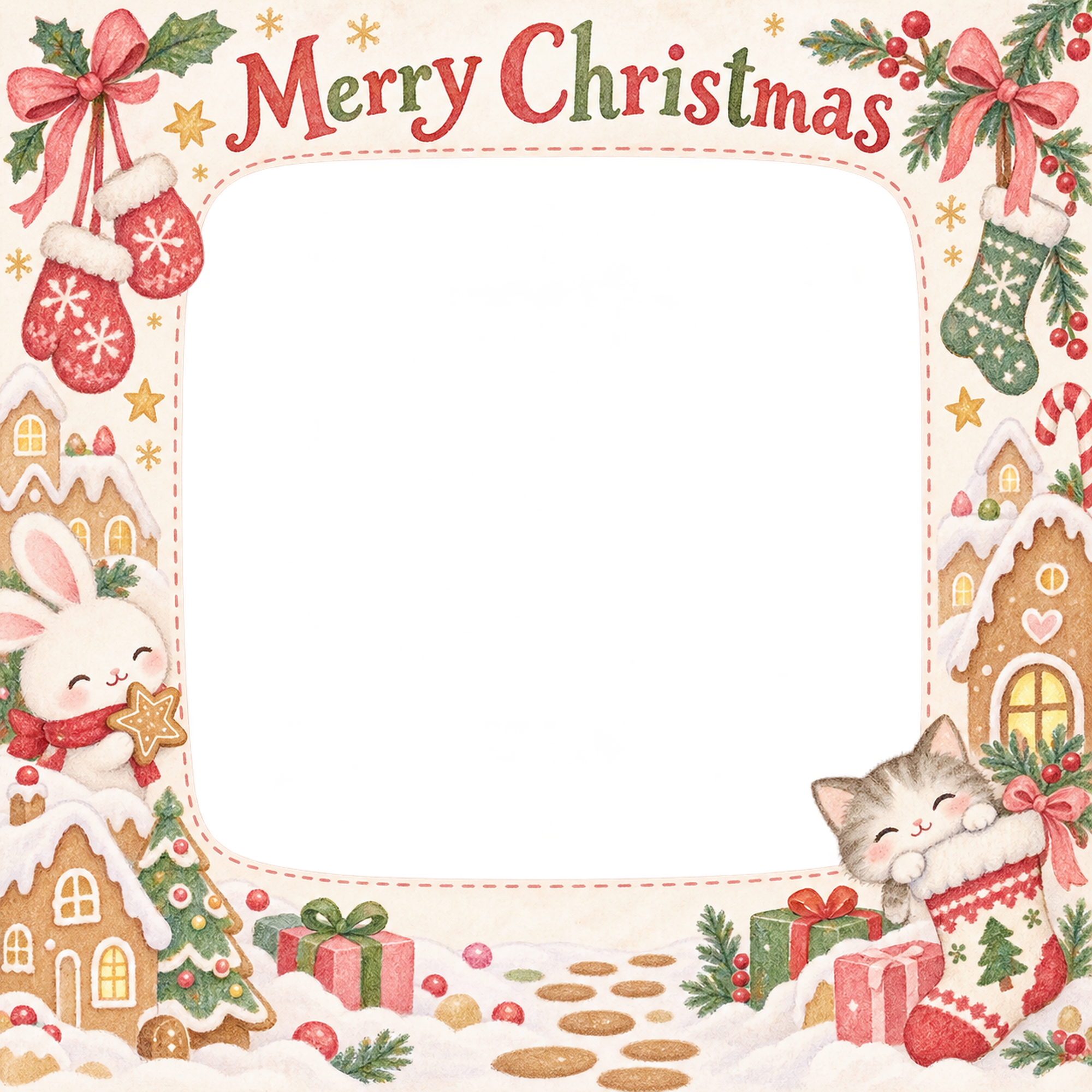 ミトンとくつしたの赤ちゃんの初めてのクリスマス写真フレーム｜小さなお菓子の国・無料イラスト 99833に写真・文字を入れる