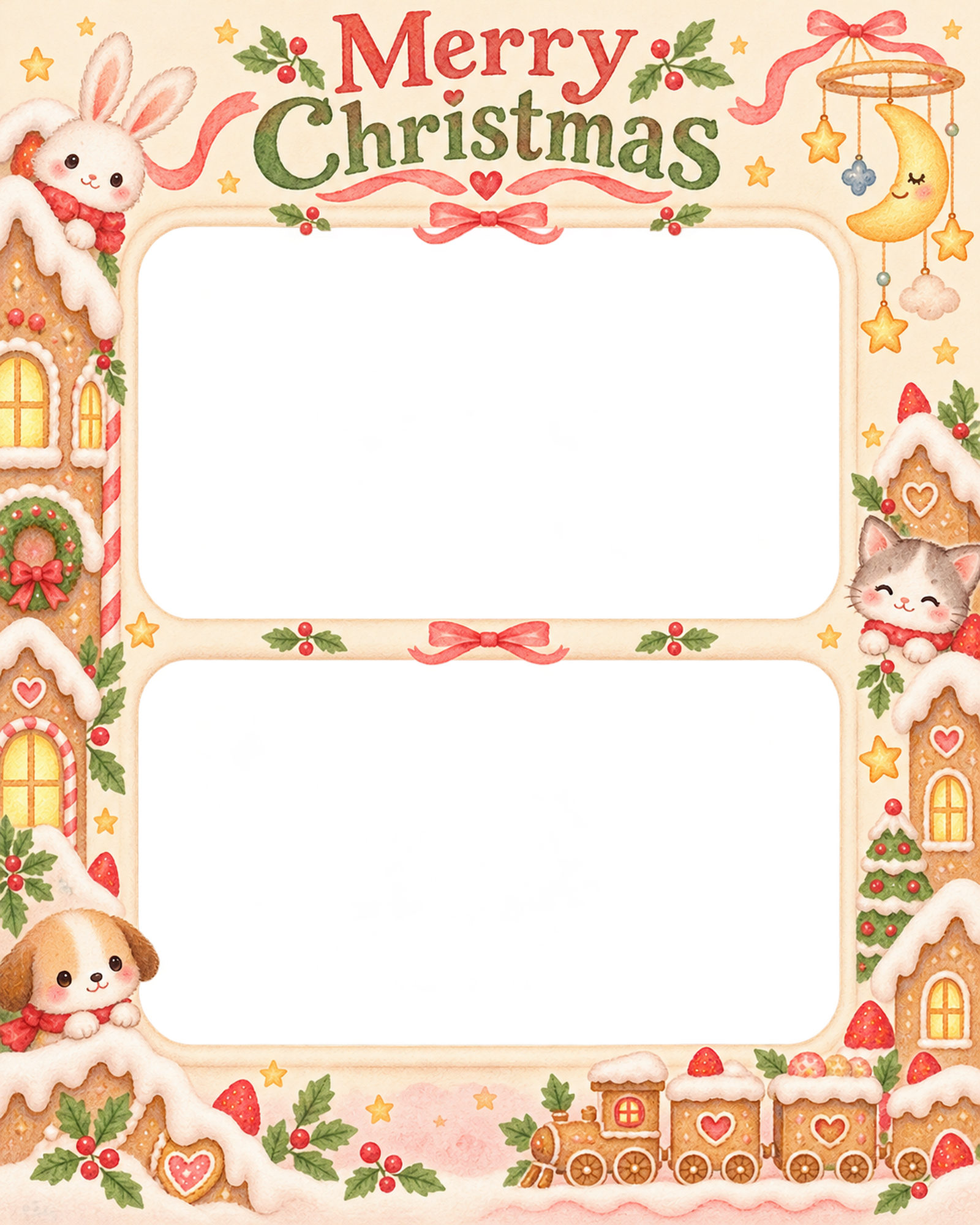 月と星のモビールの赤ちゃんの初めてのクリスマス写真フレーム｜小さなお菓子の国・無料イラスト 99834に写真・文字を入れる