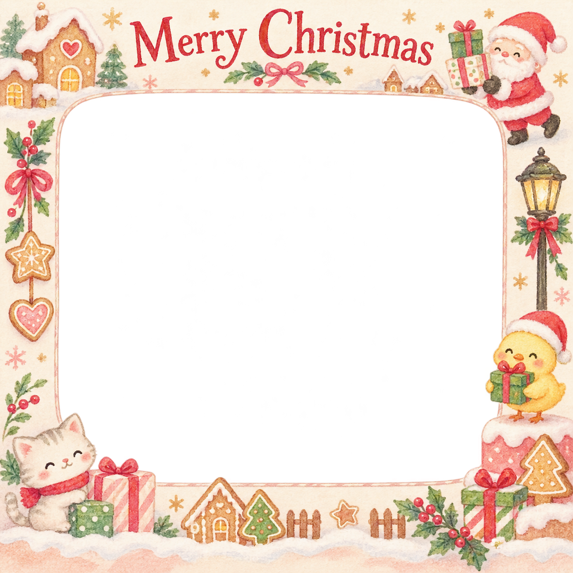 ひよこと贈り物の赤ちゃんの初めてのクリスマス写真フレーム｜小さなお菓子の国・無料イラスト 99835に写真・文字を入れる