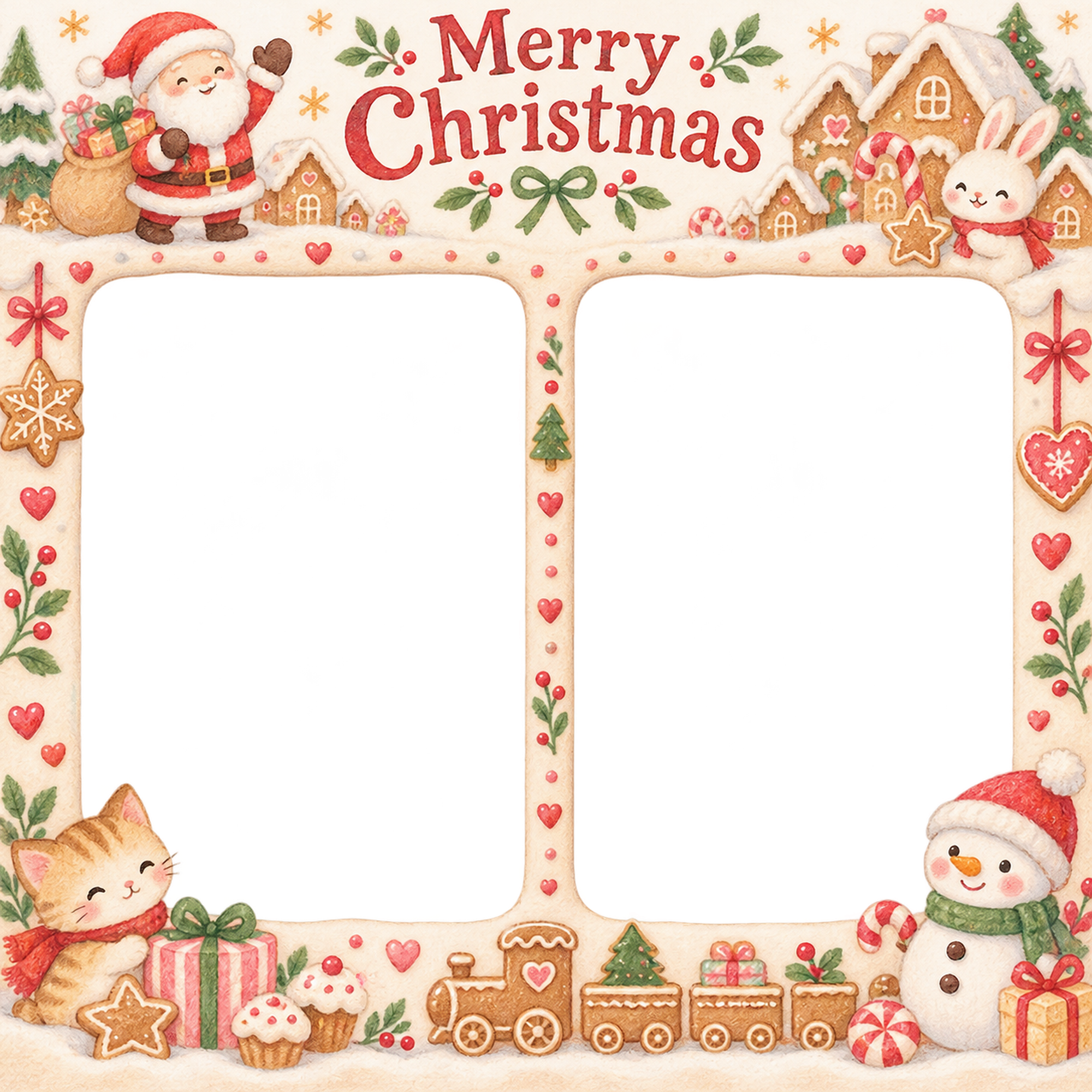 ゆきだるまのおもちゃの赤ちゃんの初めてのクリスマス写真フレーム｜小さなお菓子の国・無料イラスト 99836に写真・文字を入れる