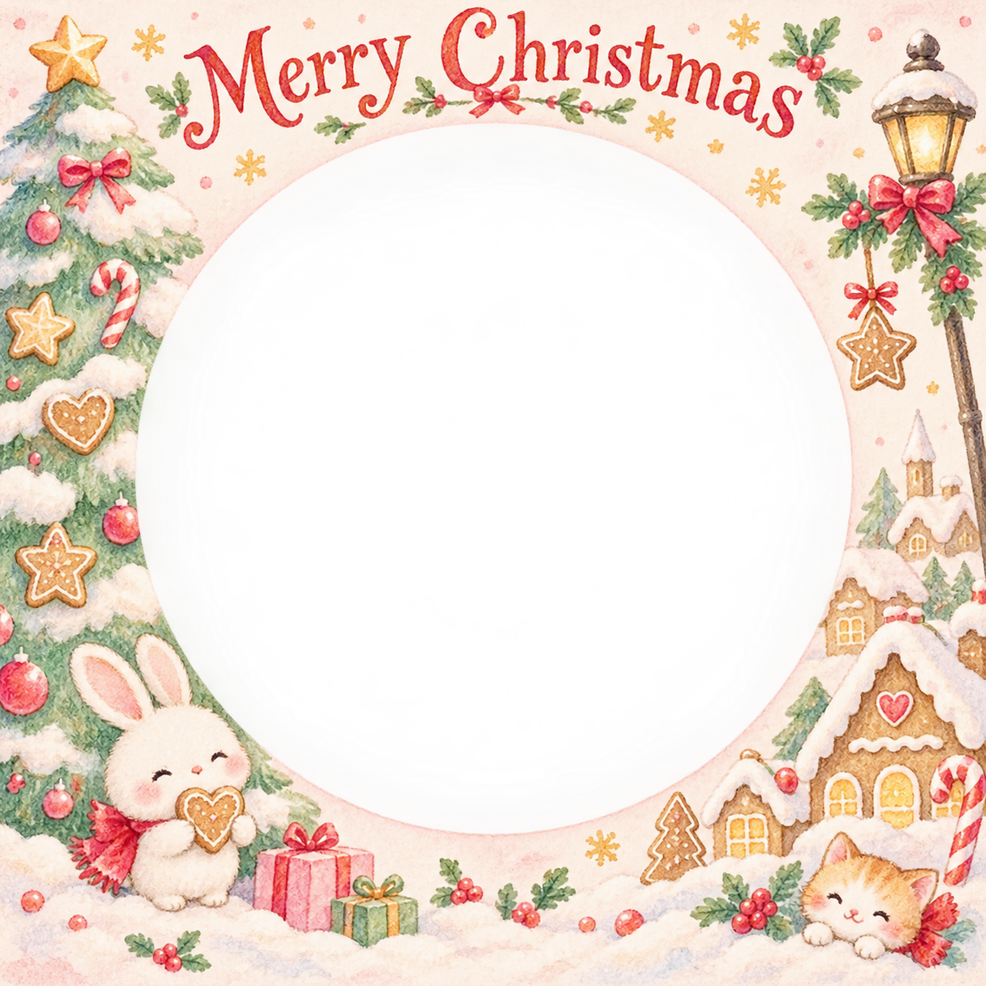 ふわふわのツリーの赤ちゃんの初めてのクリスマス写真フレーム｜小さなお菓子の国・無料イラスト 99837に写真・文字を入れる