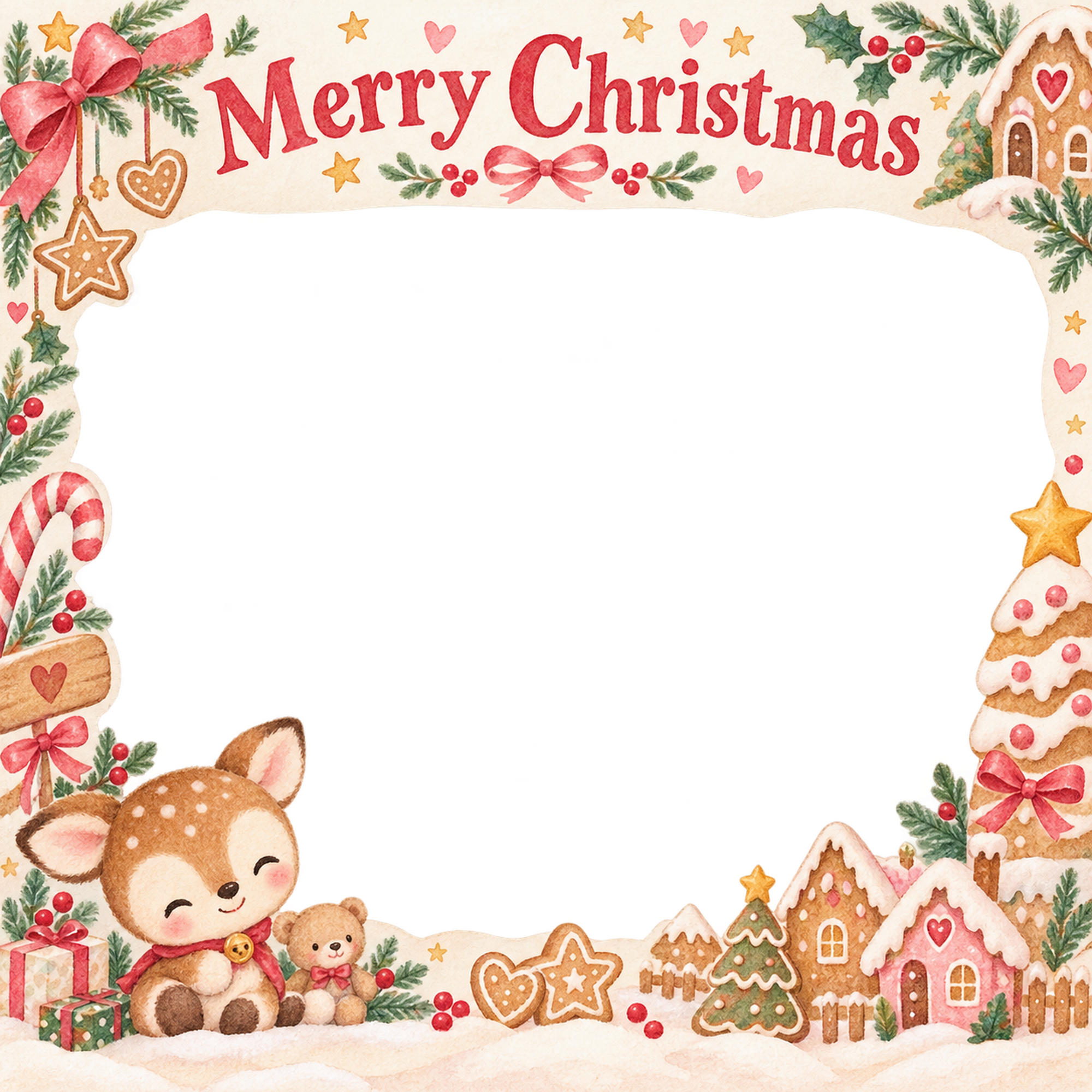 子鹿のぬいぐるみの赤ちゃんの初めてのクリスマス写真フレーム｜小さなお菓子の国・無料イラスト 99839に写真・文字を入れる