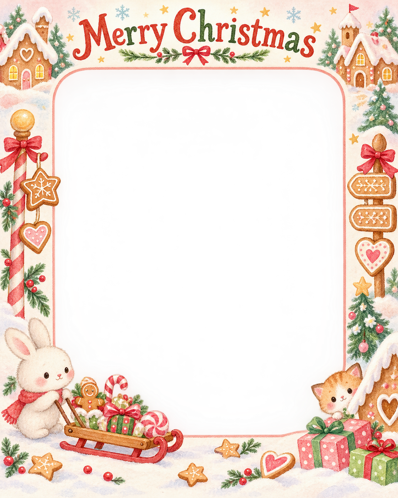 おもちゃのそりの赤ちゃんの初めてのクリスマス写真フレーム｜小さなお菓子の国・無料イラスト 99840に写真・文字を入れる