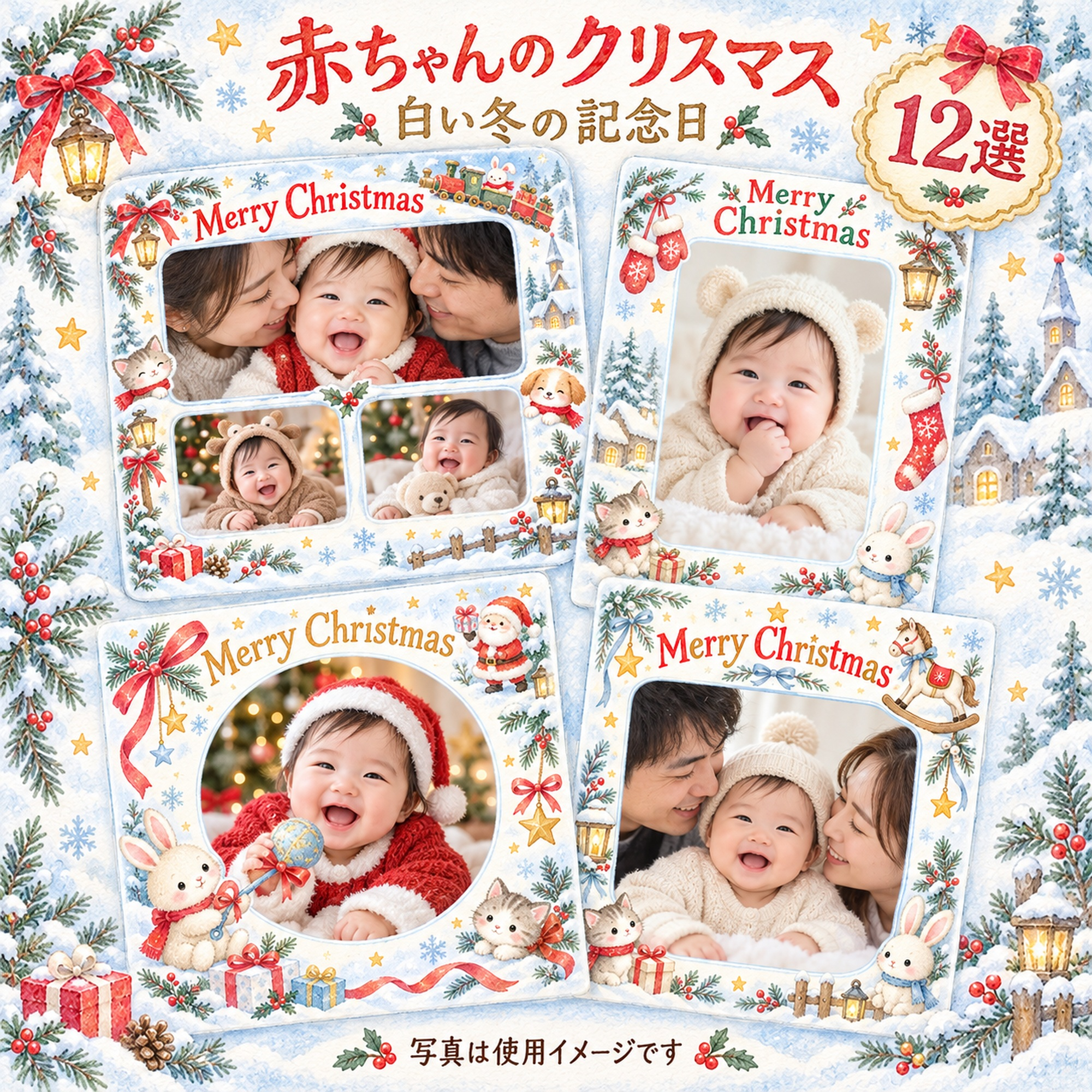 赤ちゃんの初めてのクリスマス写真フレーム12選｜白い冬の記念日の無料イラスト素材 99841に写真・文字を入れる