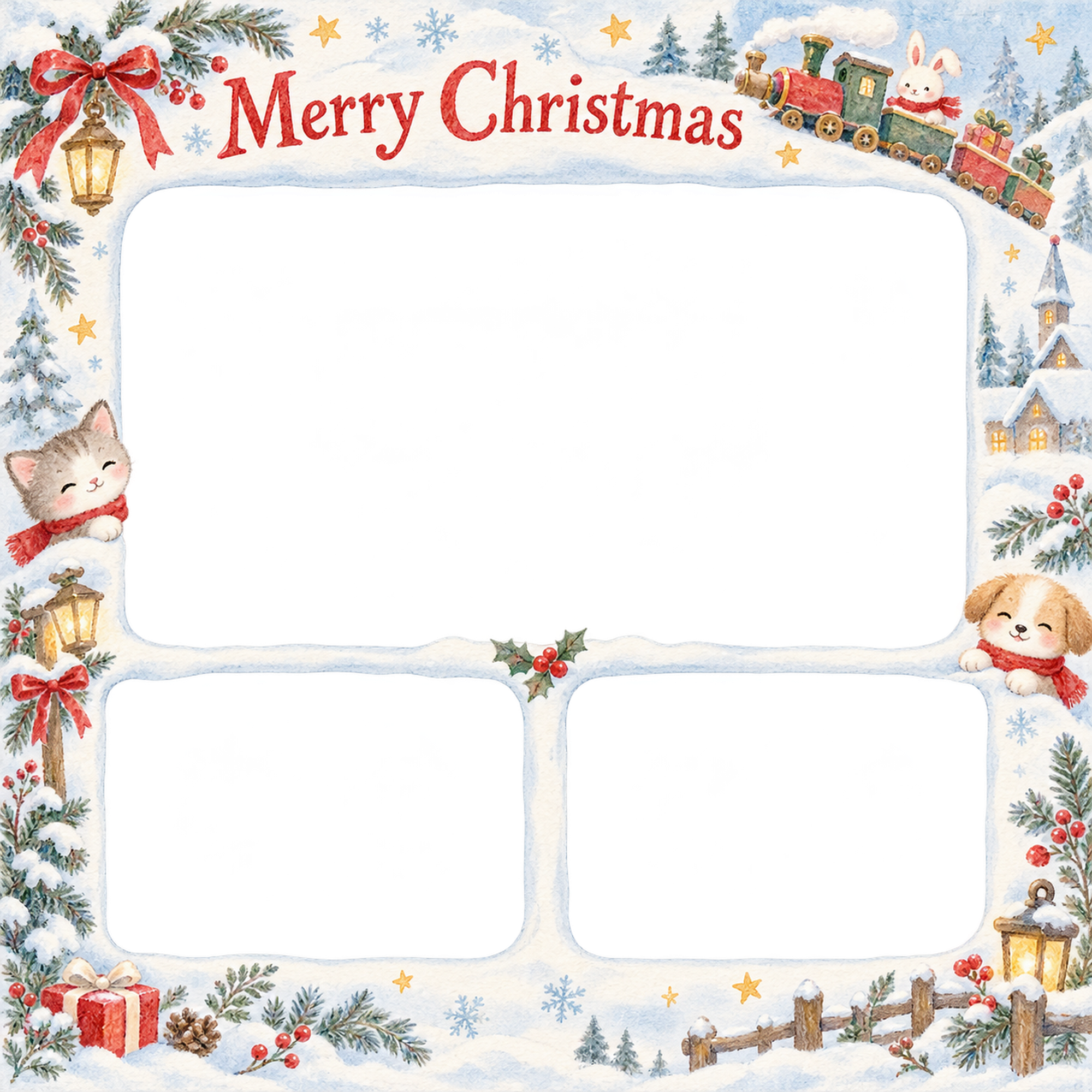 小さな汽車の赤ちゃんの初めてのクリスマス写真フレーム｜白い冬の記念日・無料イラスト 99842に写真・文字を入れる