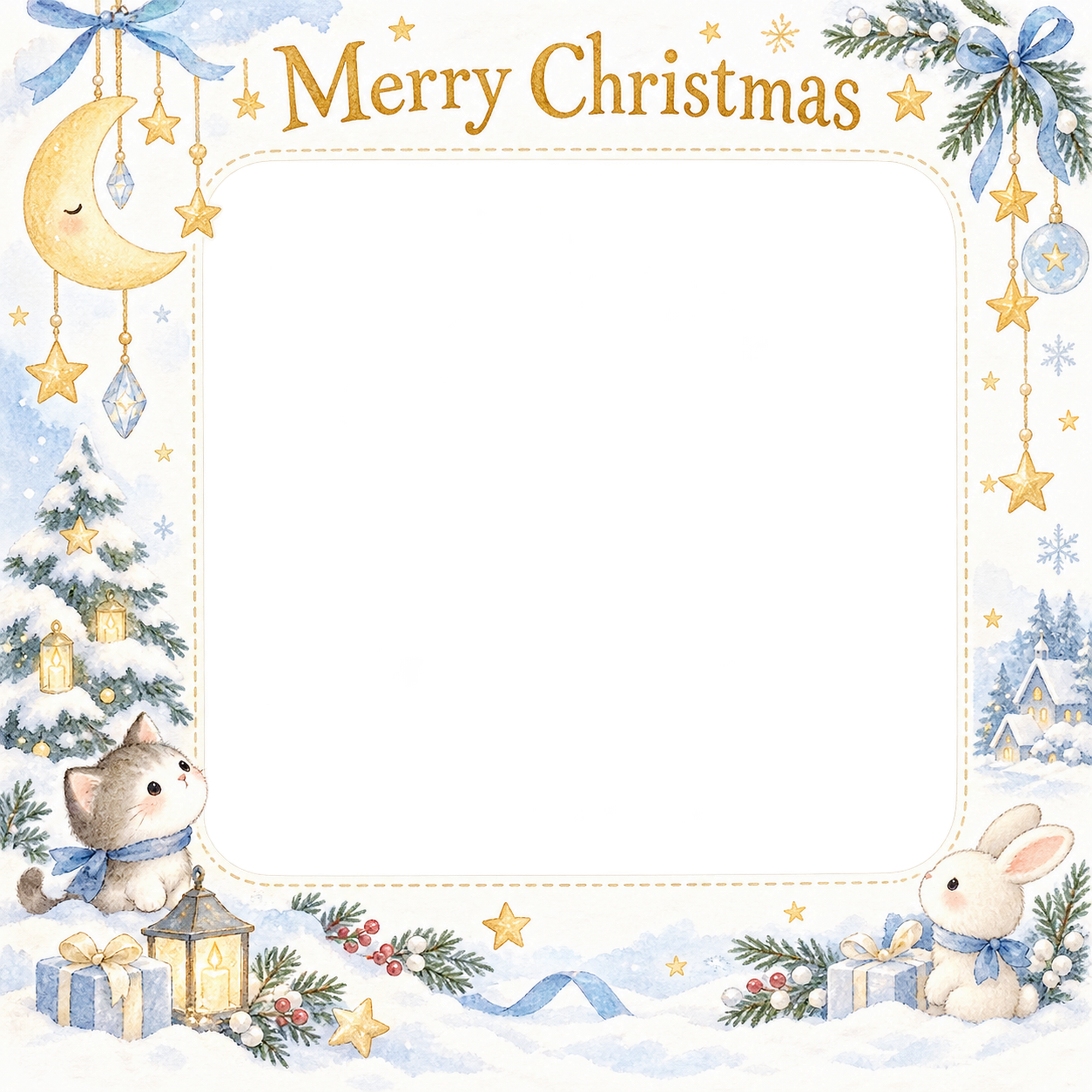月と星のモビールの赤ちゃんの初めてのクリスマス写真フレーム｜白い冬の記念日・無料イラスト 99844に写真・文字を入れる
