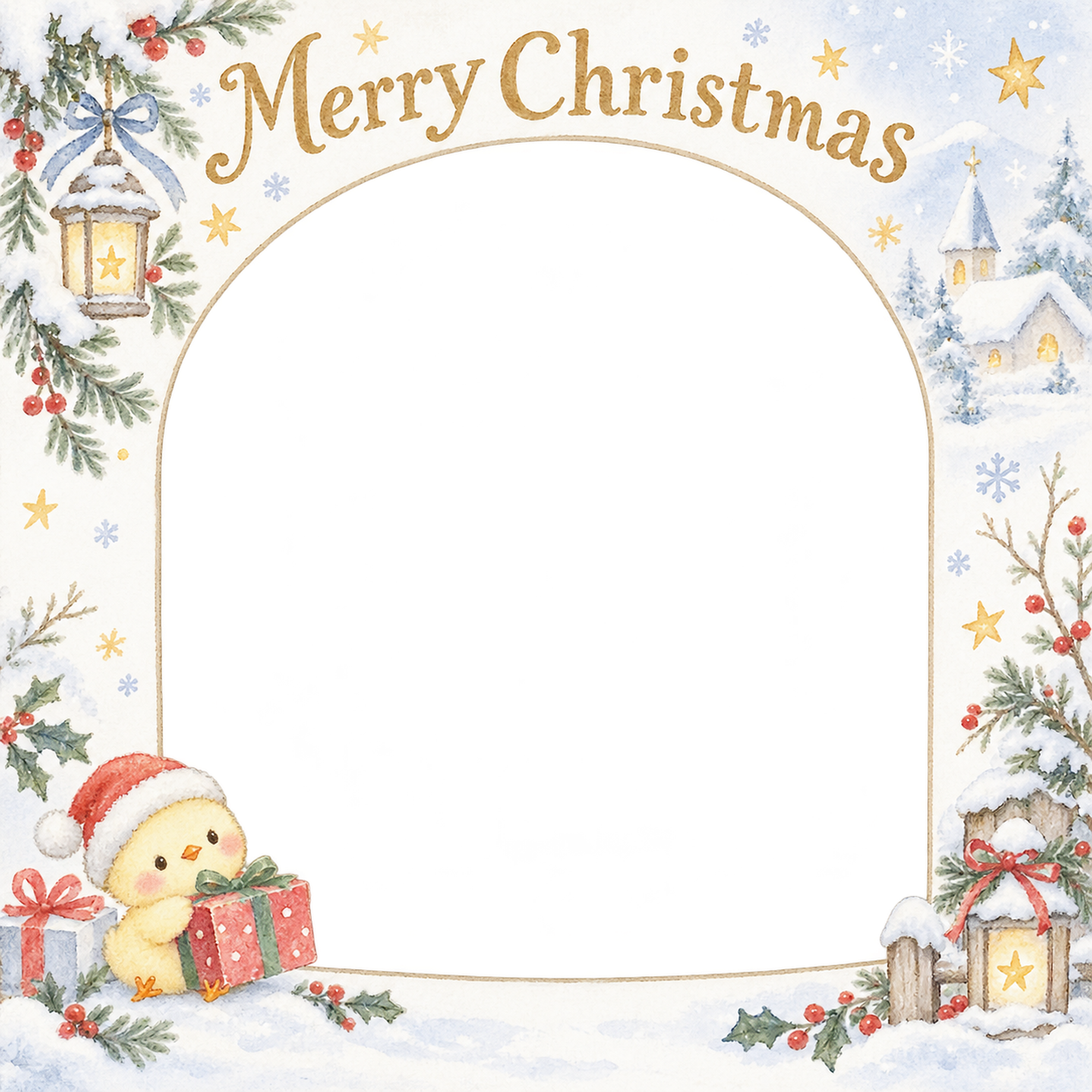 ひよこと贈り物の赤ちゃんの初めてのクリスマス写真フレーム｜白い冬の記念日・無料イラスト 99845に写真・文字を入れる