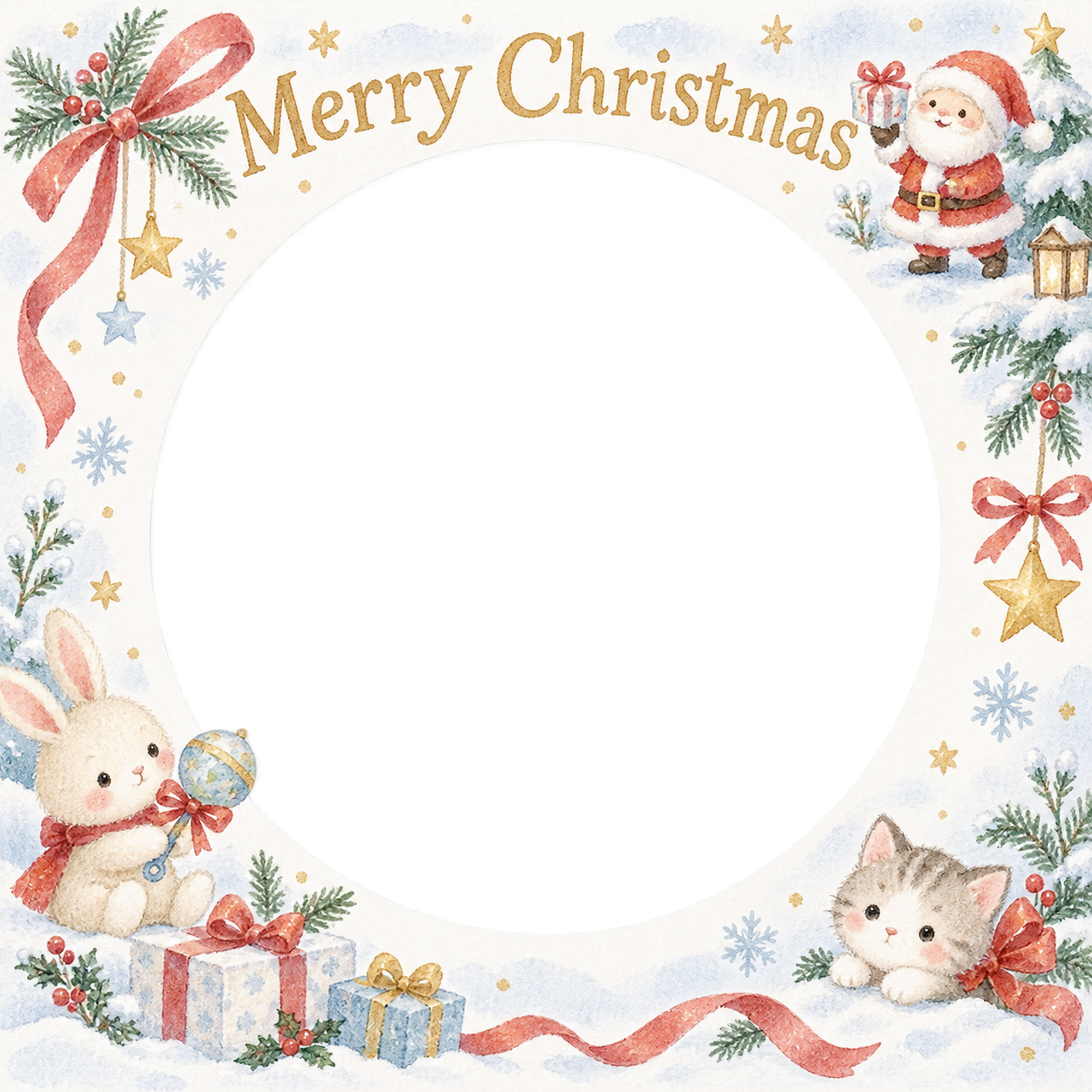 ラトルとリボンの赤ちゃんの初めてのクリスマス写真フレーム｜白い冬の記念日・無料イラスト 99848に写真・文字を入れる