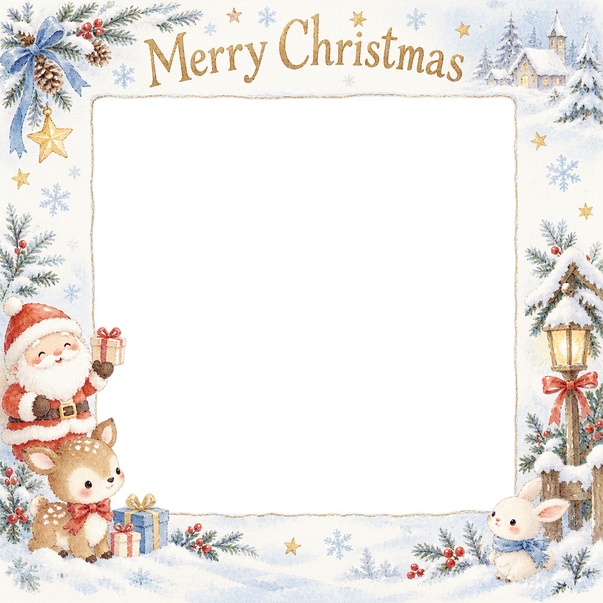子鹿のぬいぐるみの赤ちゃんの初めてのクリスマス写真フレーム｜白い冬の記念日・無料イラスト 99849に写真・文字を入れる