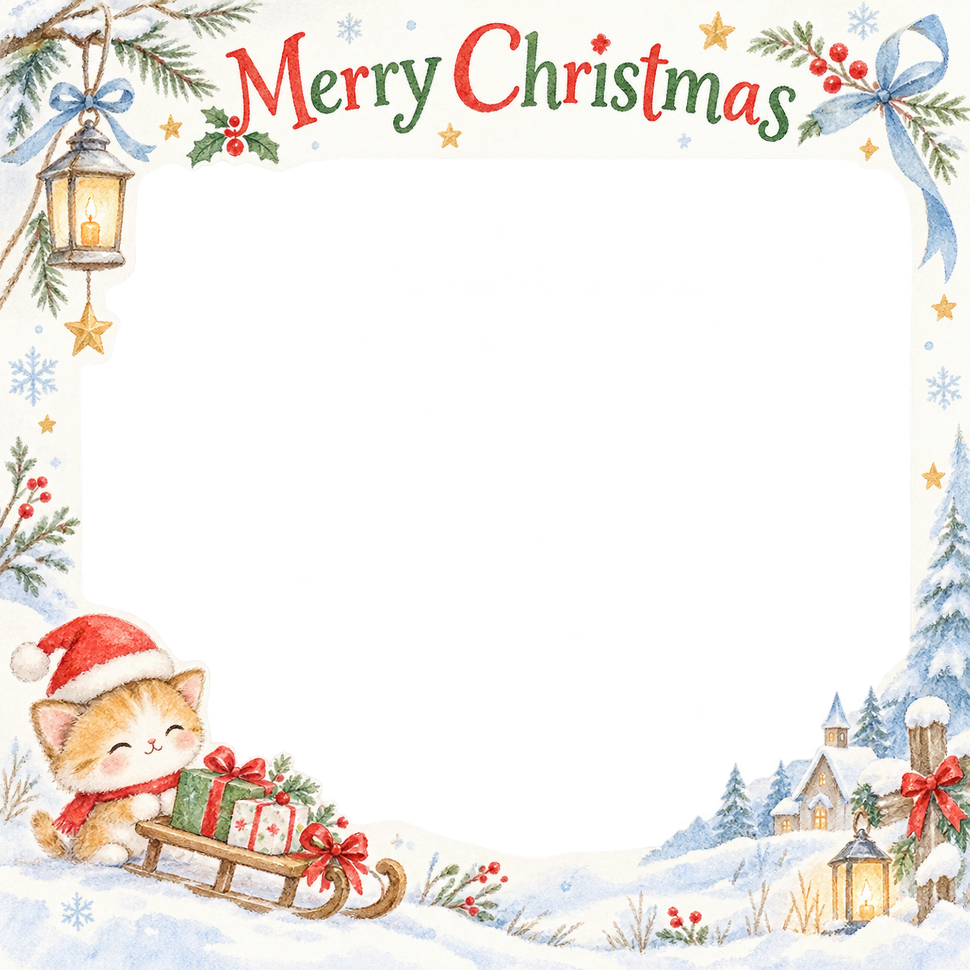 おもちゃのそりの赤ちゃんの初めてのクリスマス写真フレーム｜白い冬の記念日・無料イラスト 99850に写真・文字を入れる