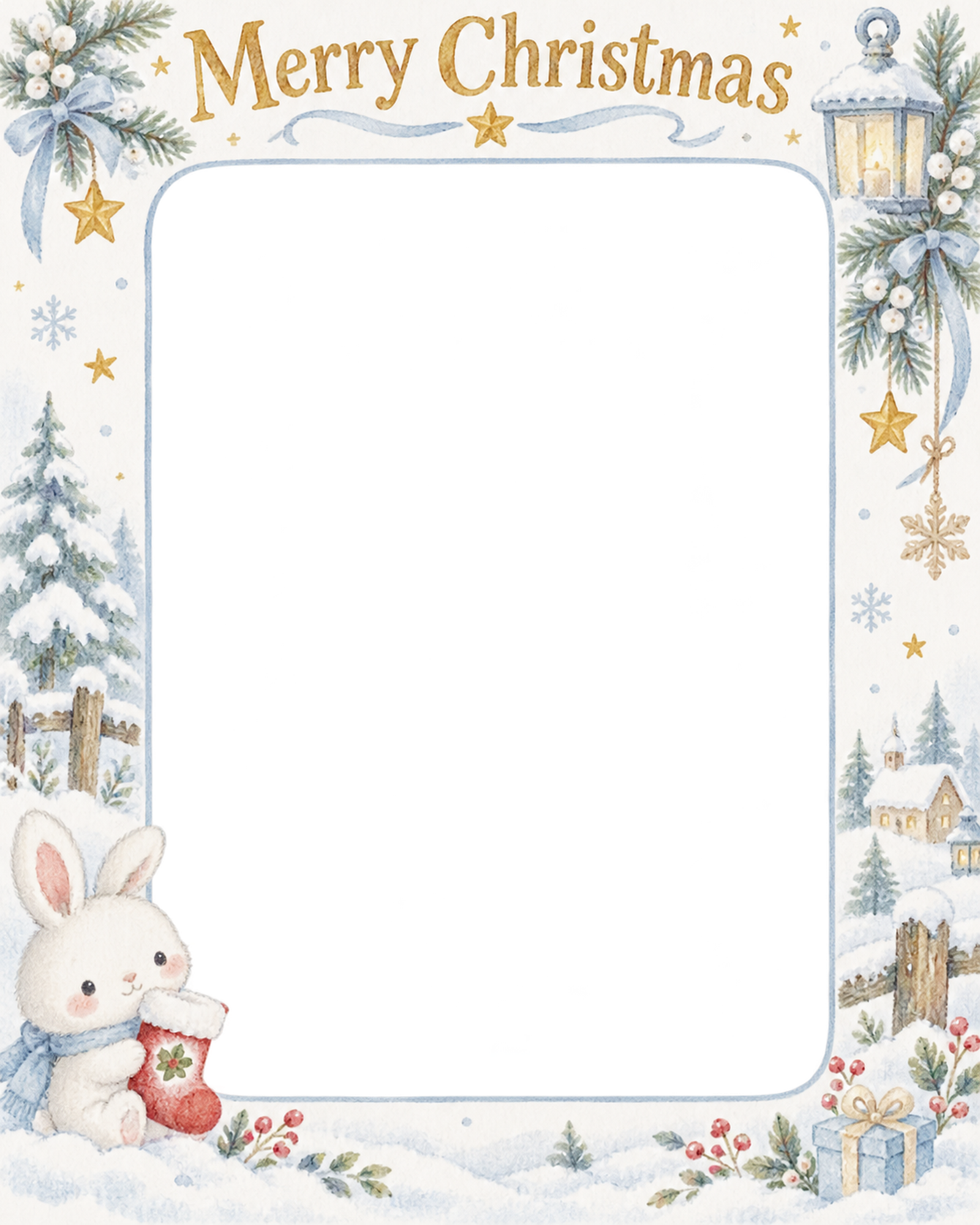 うさぎと小さな靴下の赤ちゃんの初めてのクリスマス写真フレーム｜白い冬の記念日・無料イラスト 99851に写真・文字を入れる