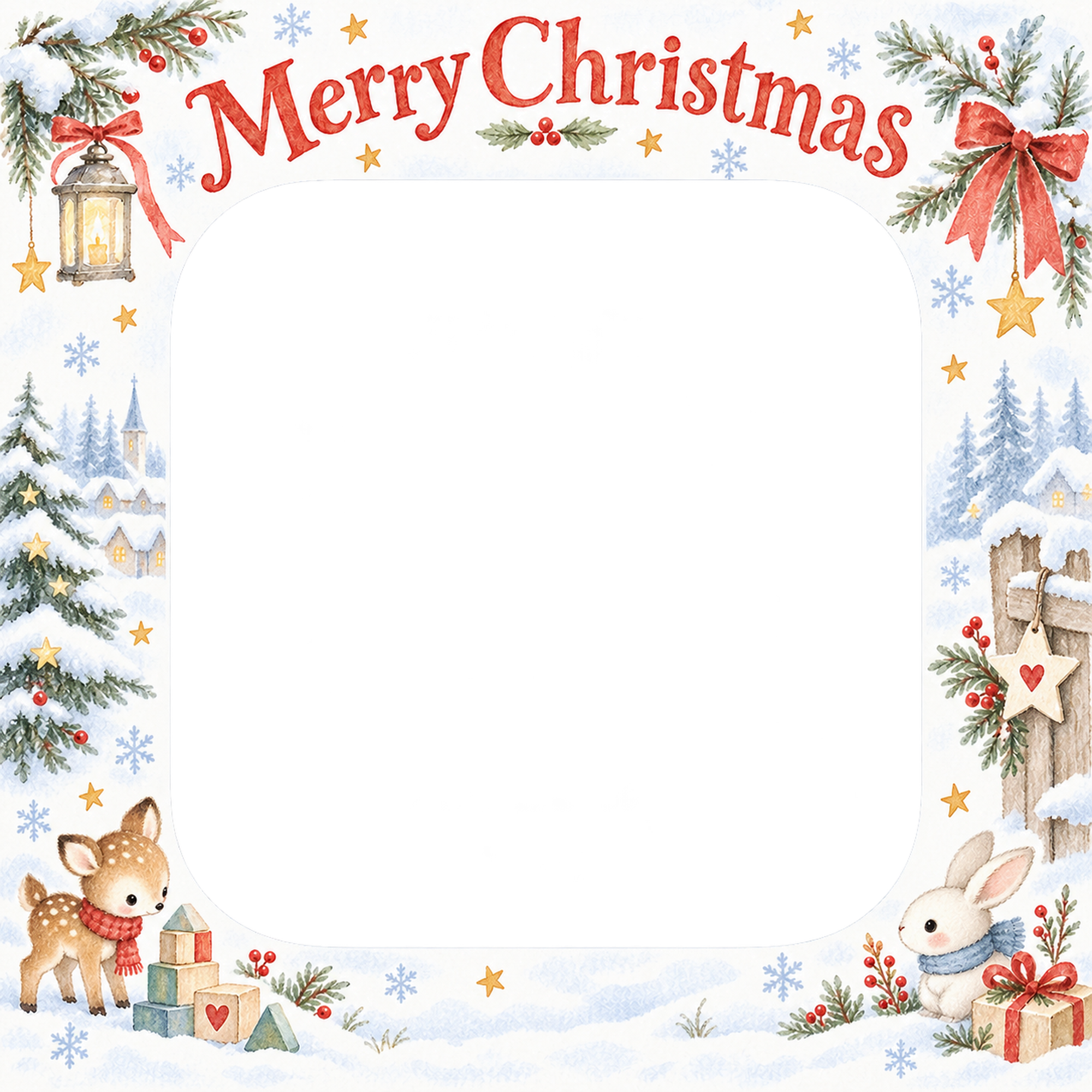 子鹿と積み木の赤ちゃんの初めてのクリスマス写真フレーム｜白い冬の記念日・無料イラスト 99852に写真・文字を入れる