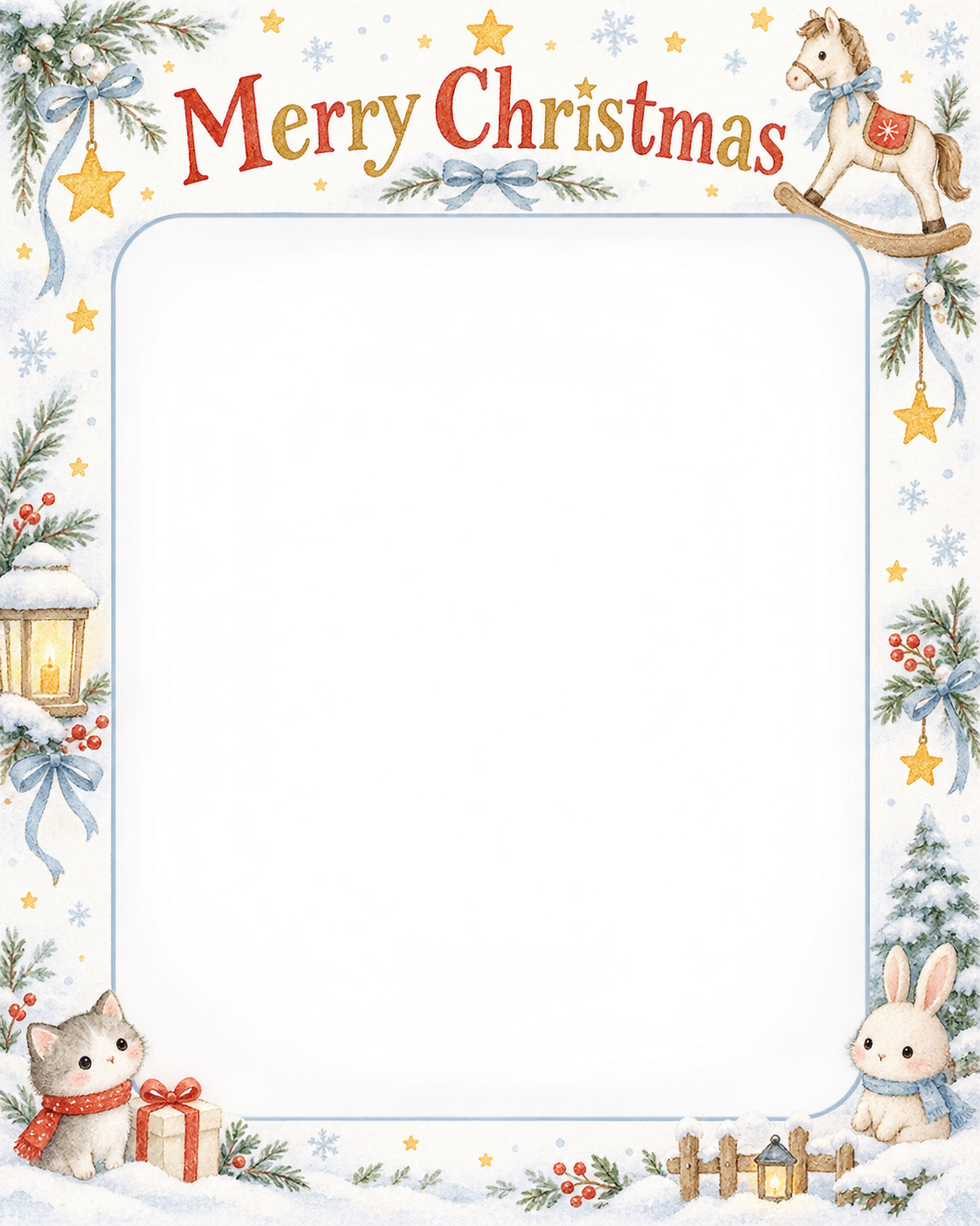 木馬と星の赤ちゃんの初めてのクリスマス写真フレーム｜白い冬の記念日・無料イラスト 99853に写真・文字を入れる