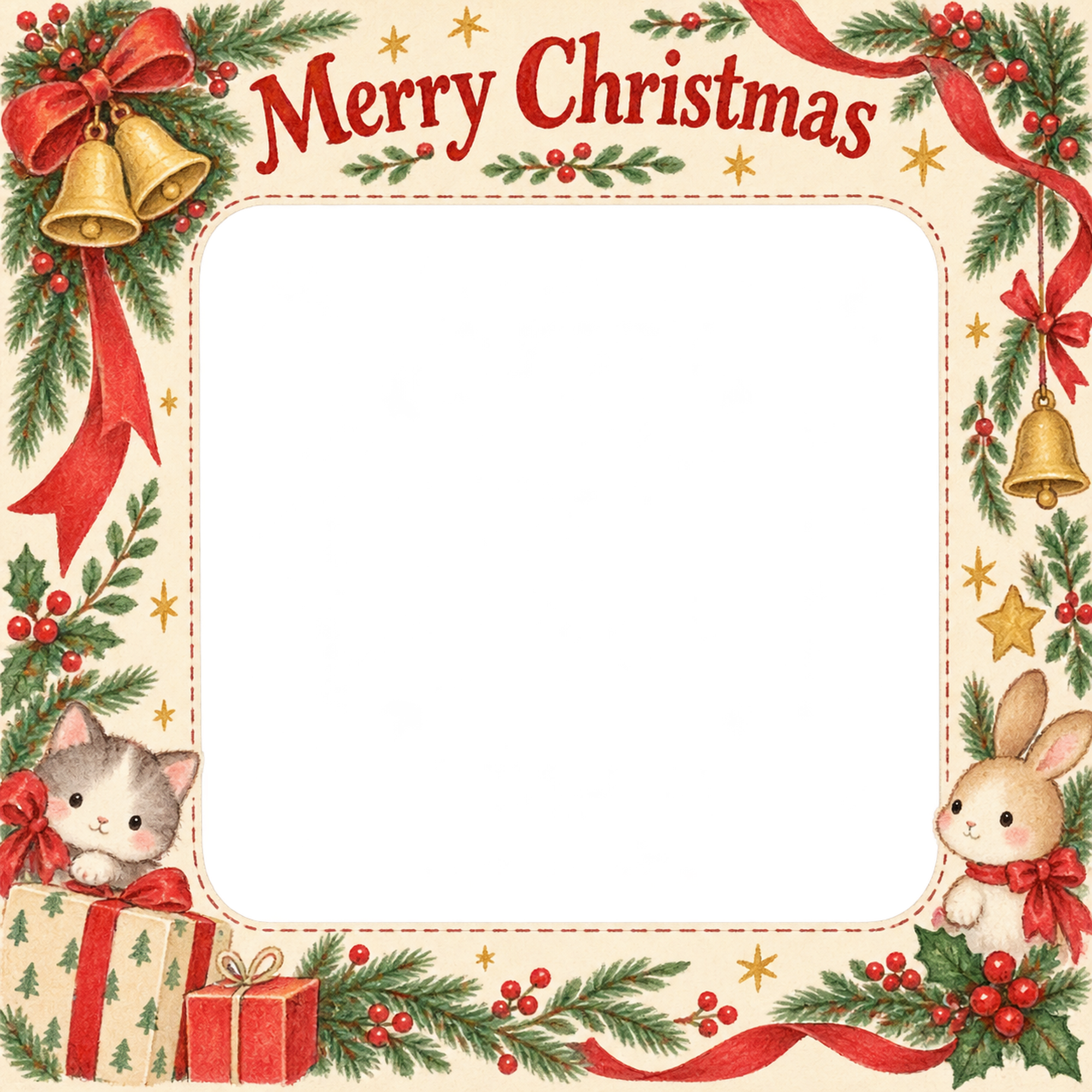 リースとベルの家族・兄弟姉妹のクリスマス写真フレーム｜赤いリボンの定番・無料イラスト 99855に写真・文字を入れる