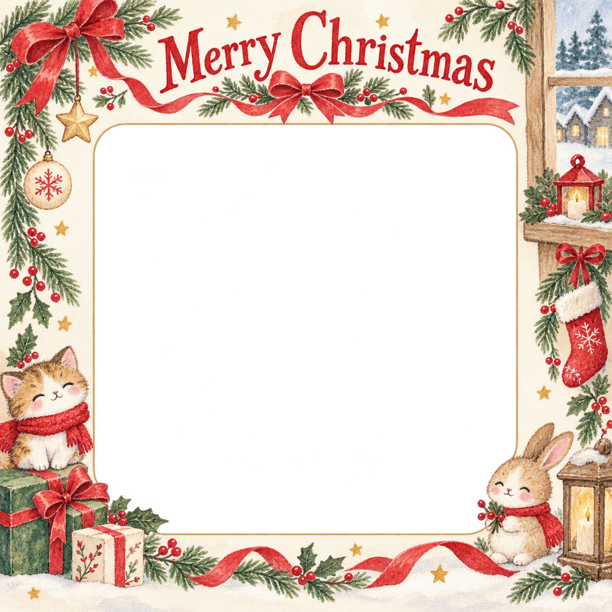 暖かな窓辺の家族・兄弟姉妹のクリスマス写真フレーム｜赤いリボンの定番・無料イラスト 99857に写真・文字を入れる