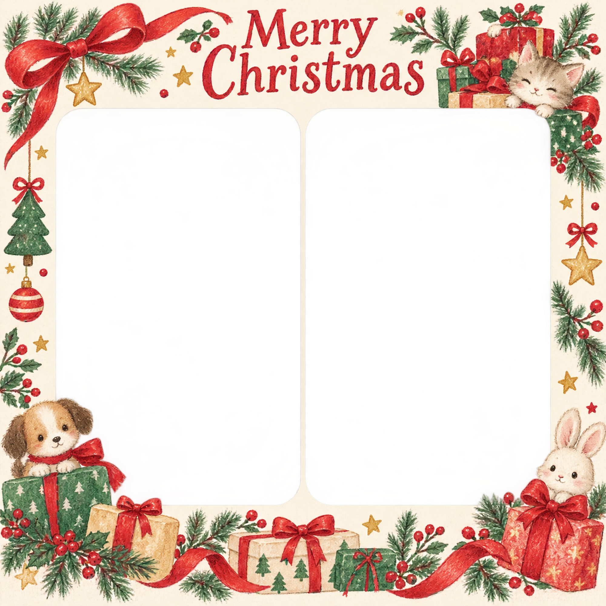 贈り物の山の家族・兄弟姉妹のクリスマス写真フレーム｜赤いリボンの定番・無料イラスト 99858に写真・文字を入れる