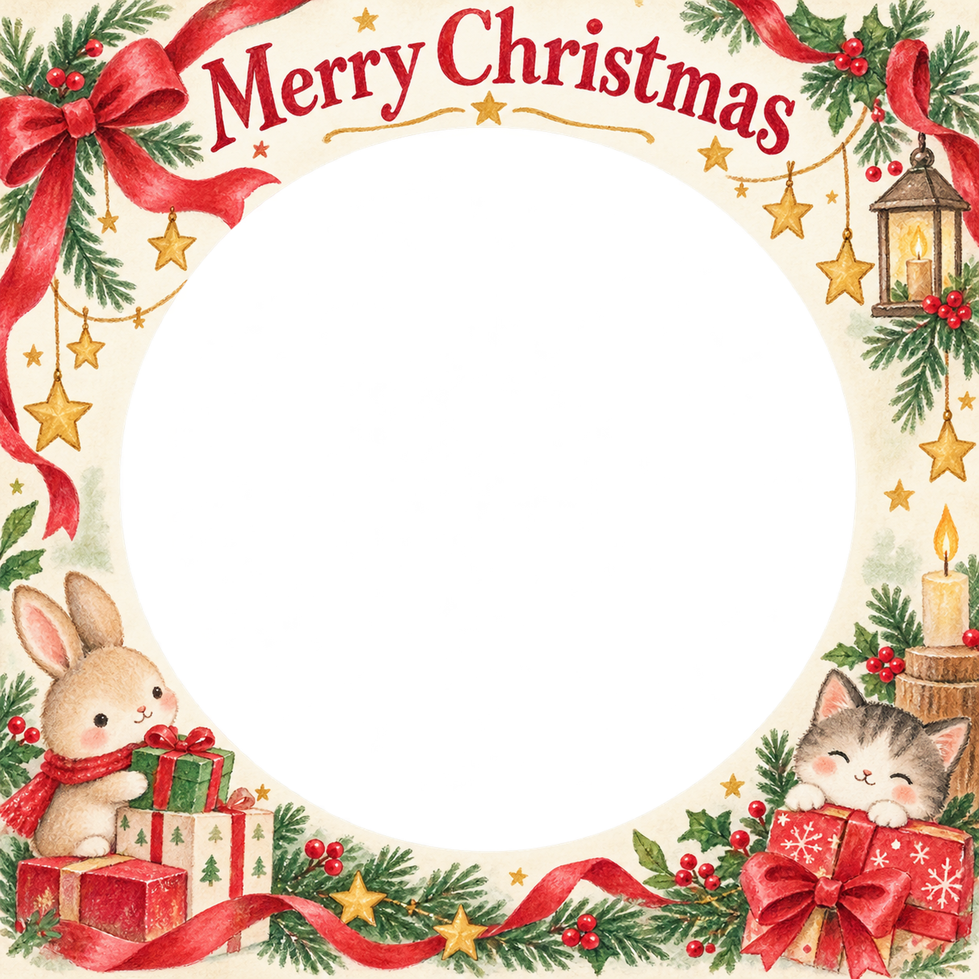 星のガーランドの家族・兄弟姉妹のクリスマス写真フレーム｜赤いリボンの定番・無料イラスト 99859に写真・文字を入れる