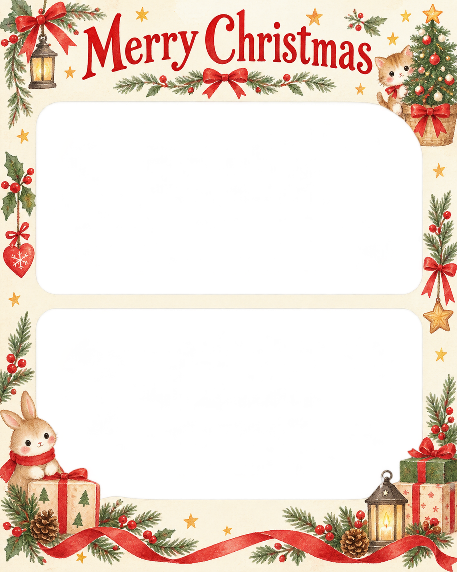 小さなクリスマスツリーの家族・兄弟姉妹のクリスマス写真フレーム｜赤いリボンの定番・無料イラスト 99860に写真・文字を入れる