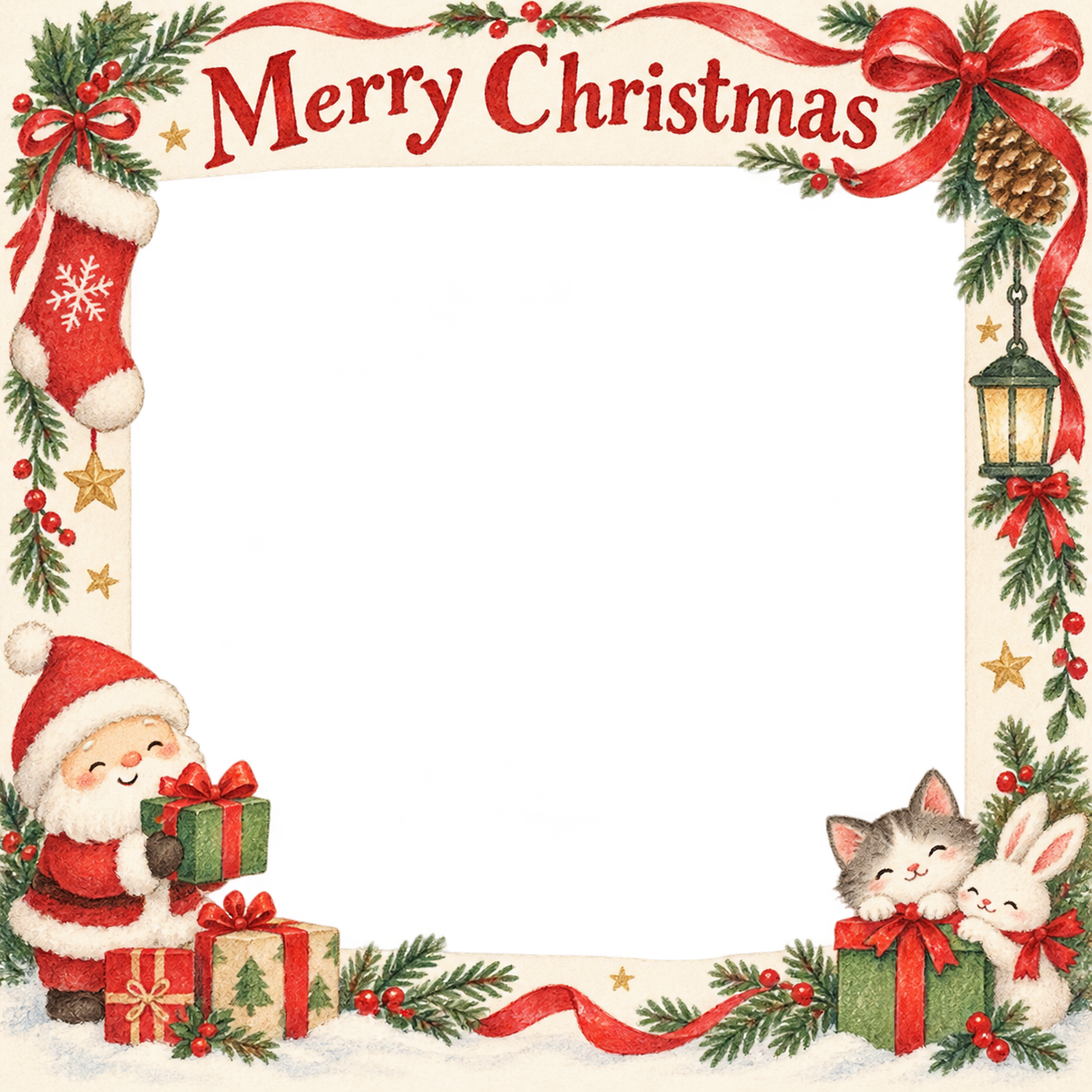 くつしたの飾りの家族・兄弟姉妹のクリスマス写真フレーム｜赤いリボンの定番・無料イラスト 99861に写真・文字を入れる