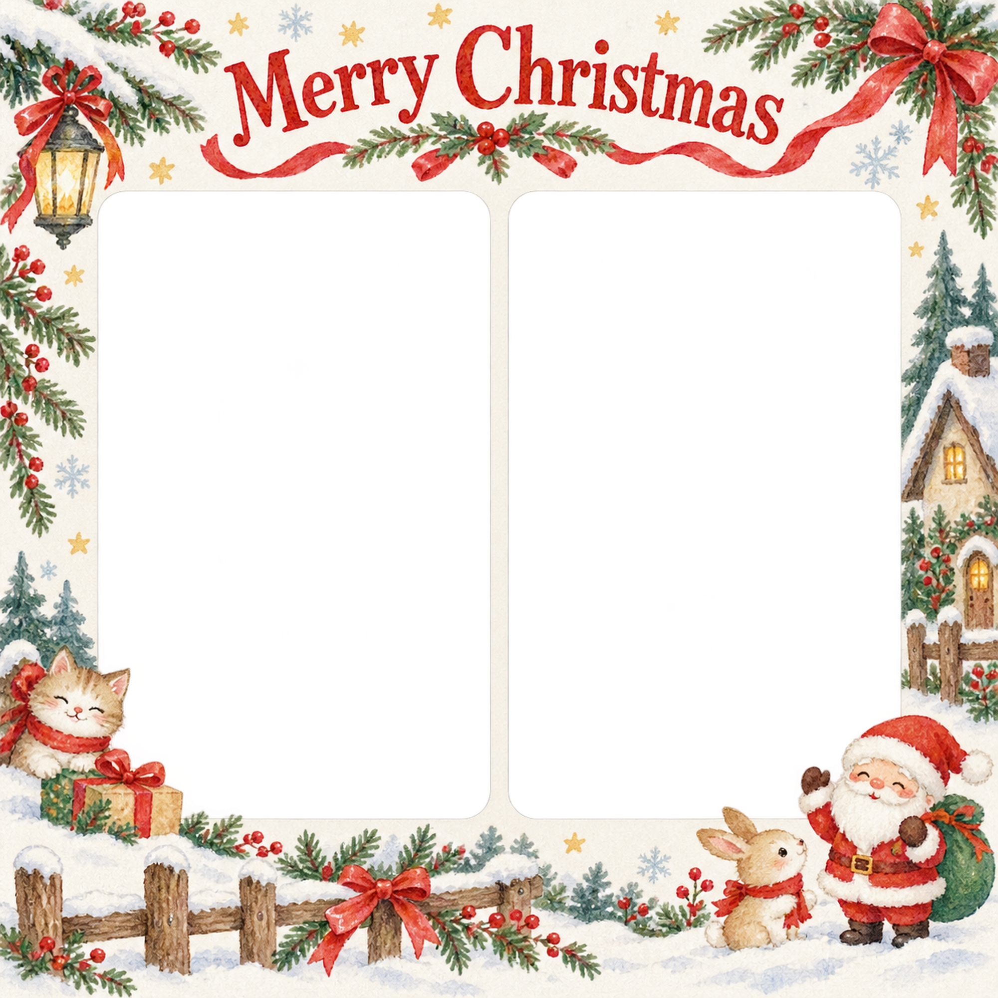 雪の家の家族・兄弟姉妹のクリスマス写真フレーム｜赤いリボンの定番・無料イラスト 99862に写真・文字を入れる