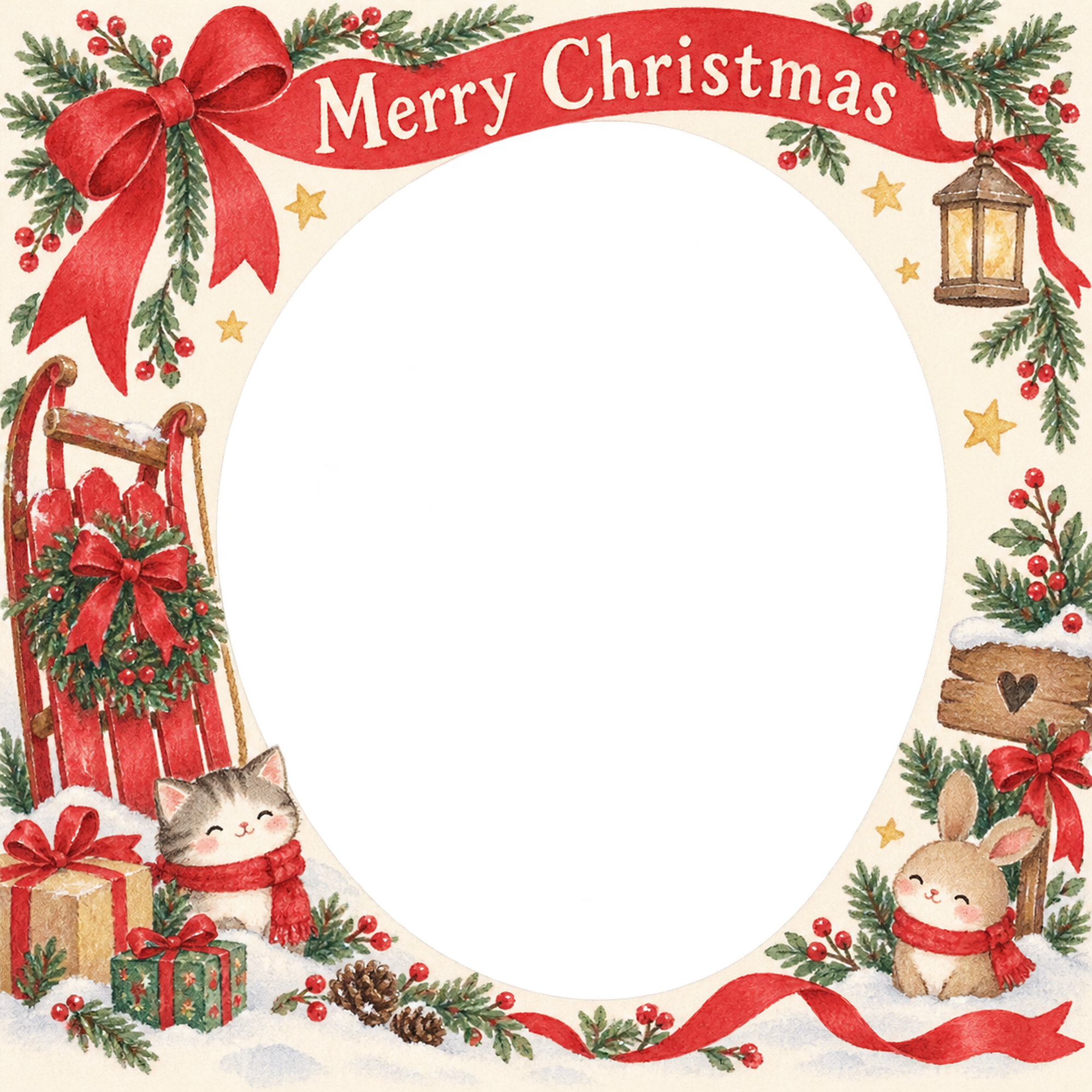赤いそりの家族・兄弟姉妹のクリスマス写真フレーム｜赤いリボンの定番・無料イラスト 99863に写真・文字を入れる