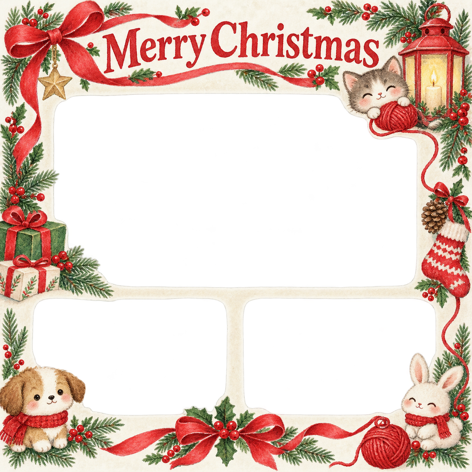ランタンと毛糸の家族・兄弟姉妹のクリスマス写真フレーム｜赤いリボンの定番・無料イラスト 99865に写真・文字を入れる