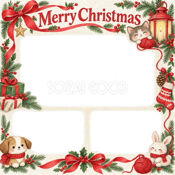 ランタンと毛糸の家族・兄弟姉妹のクリスマス写真フレーム｜赤いリボンの定番・無料イラスト 99865