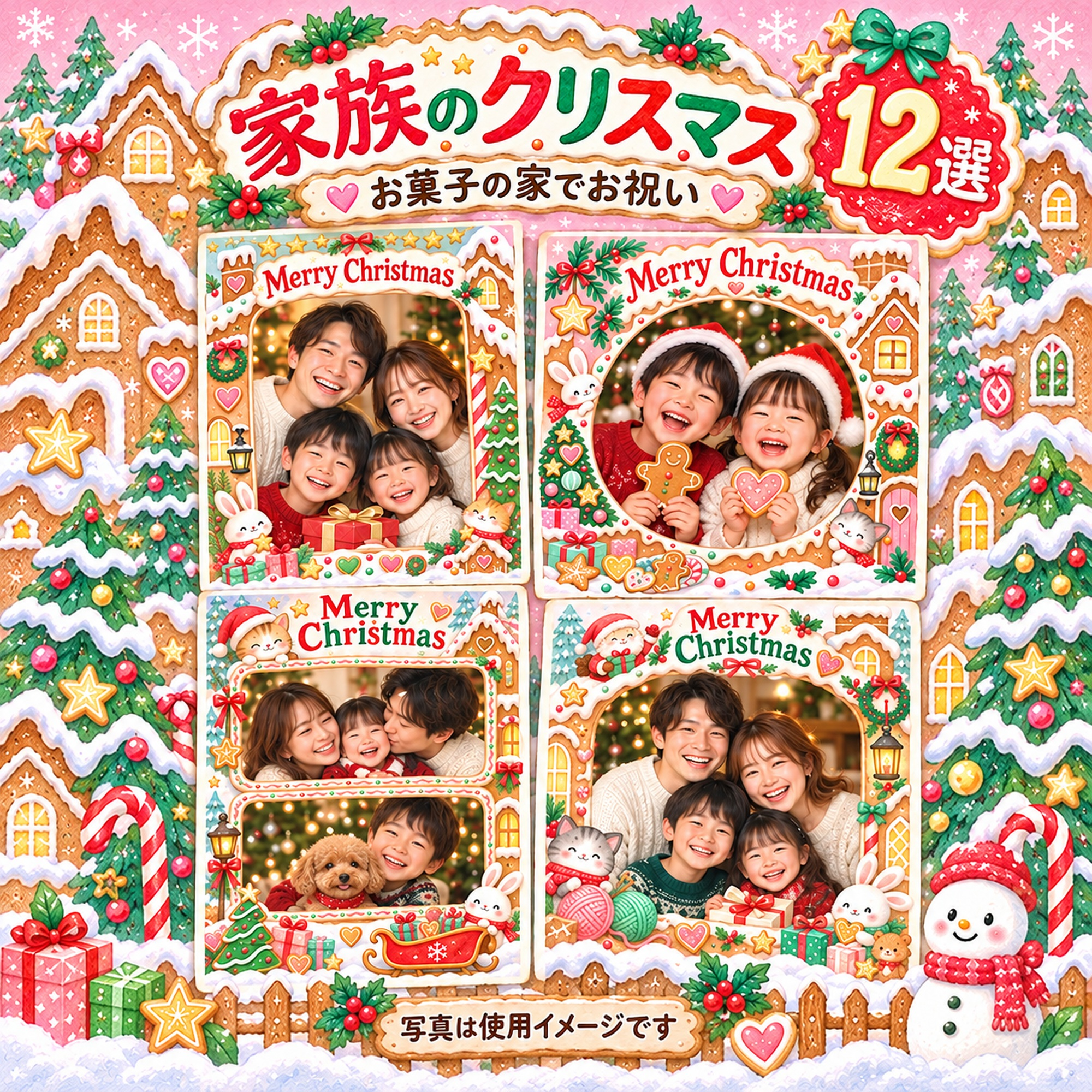 家族・兄弟姉妹のクリスマス写真フレーム12選｜お菓子の家でお祝いの無料イラスト素材 99867に写真・文字を入れる