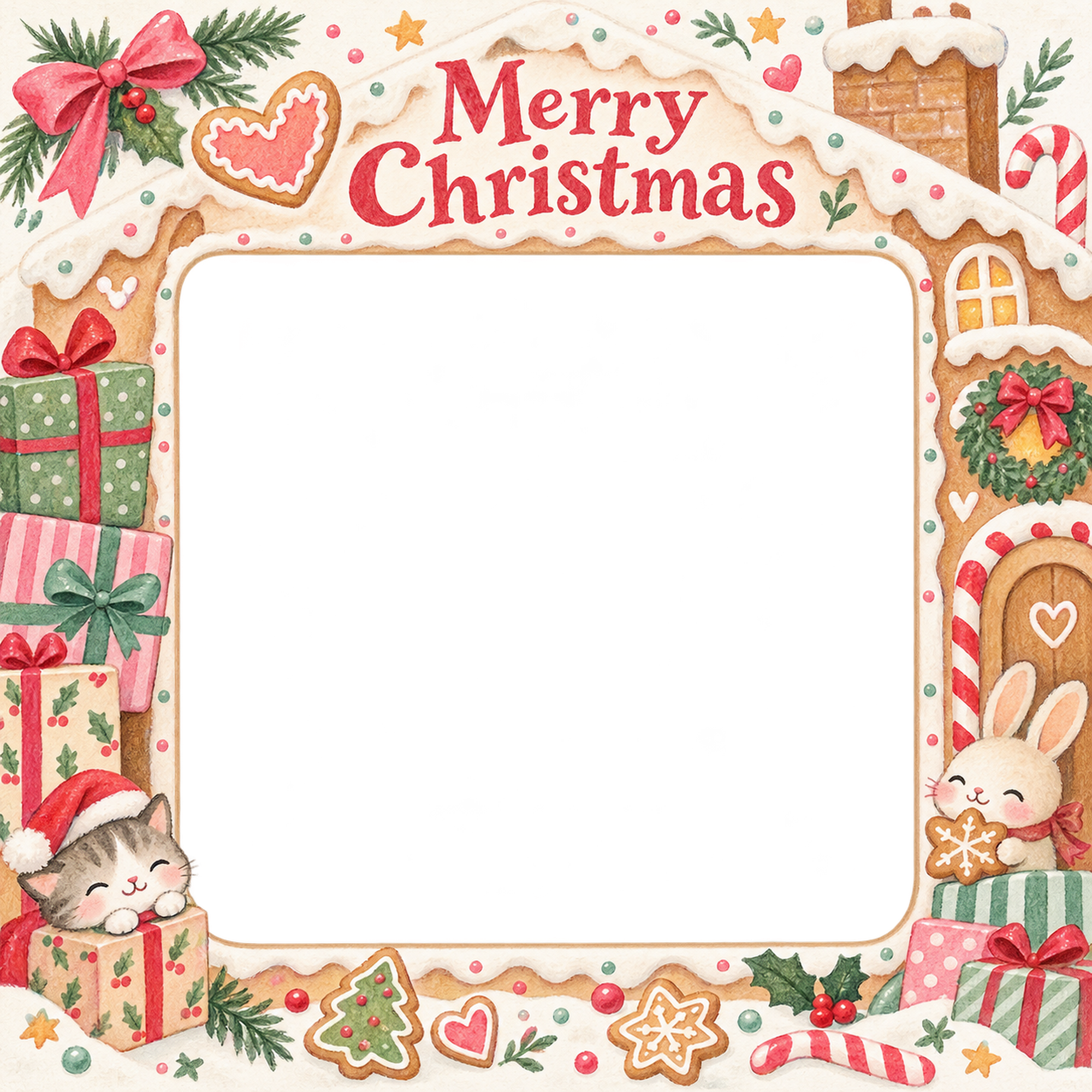贈り物の山の家族・兄弟姉妹のクリスマス写真フレーム｜お菓子の家でお祝い・無料イラスト 99868に写真・文字を入れる
