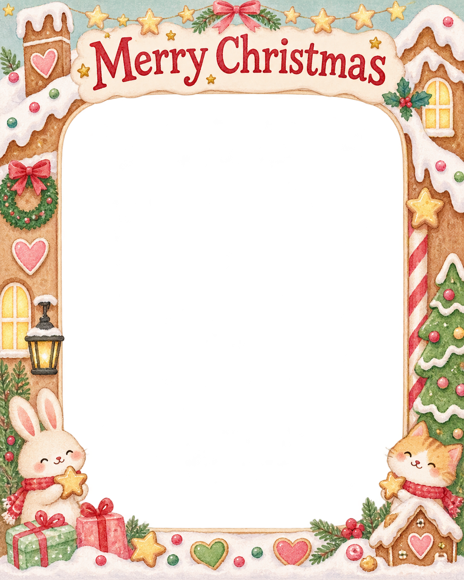 星のガーランドの家族・兄弟姉妹のクリスマス写真フレーム｜お菓子の家でお祝い・無料イラスト 99869に写真・文字を入れる