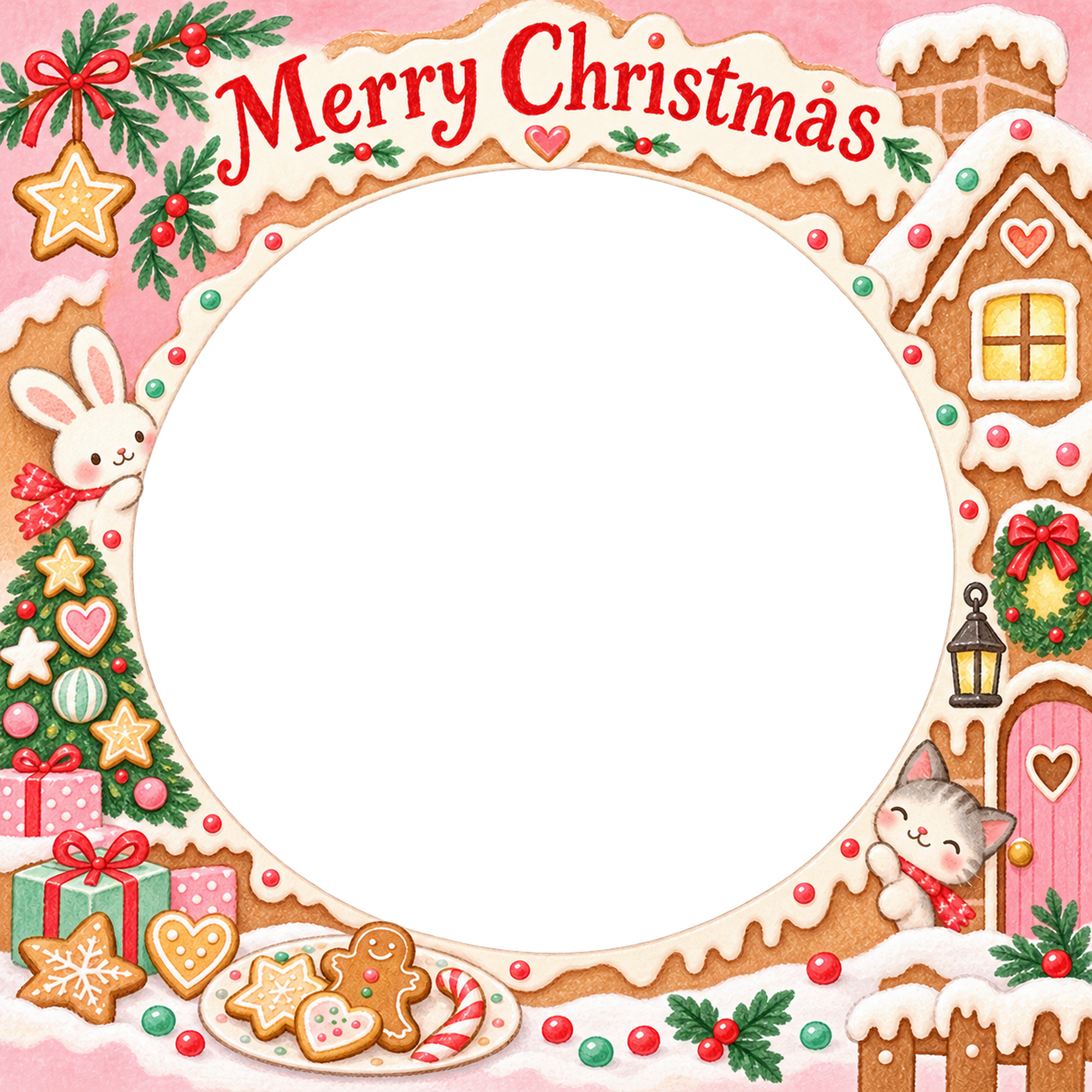 小さなクリスマスツリーの家族・兄弟姉妹のクリスマス写真フレーム｜お菓子の家でお祝い・無料イラスト 99870に写真・文字を入れる