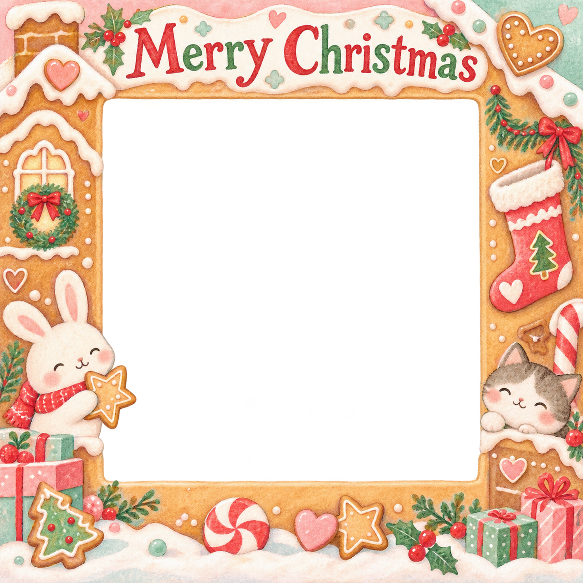 くつしたの飾りの家族・兄弟姉妹のクリスマス写真フレーム｜お菓子の家でお祝い・無料イラスト 99871に写真・文字を入れる
