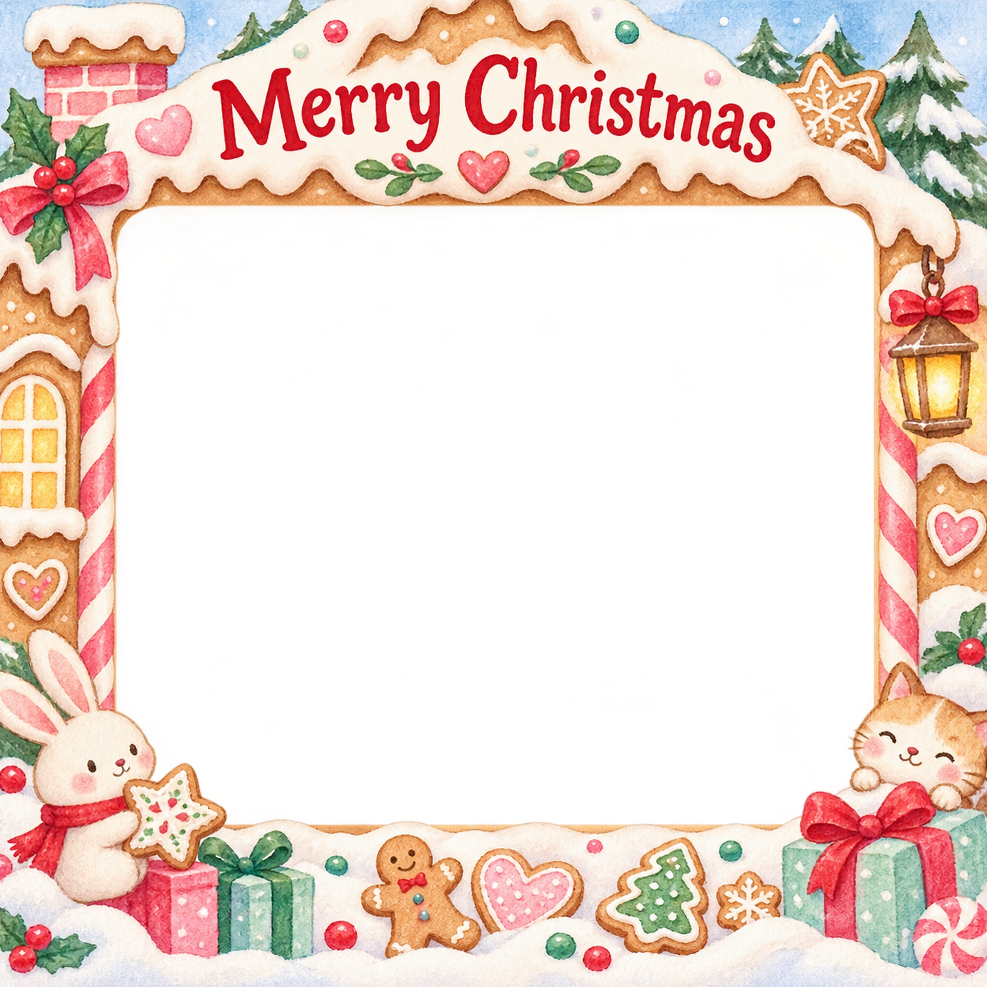 雪の家の家族・兄弟姉妹のクリスマス写真フレーム｜お菓子の家でお祝い・無料イラスト 99872に写真・文字を入れる