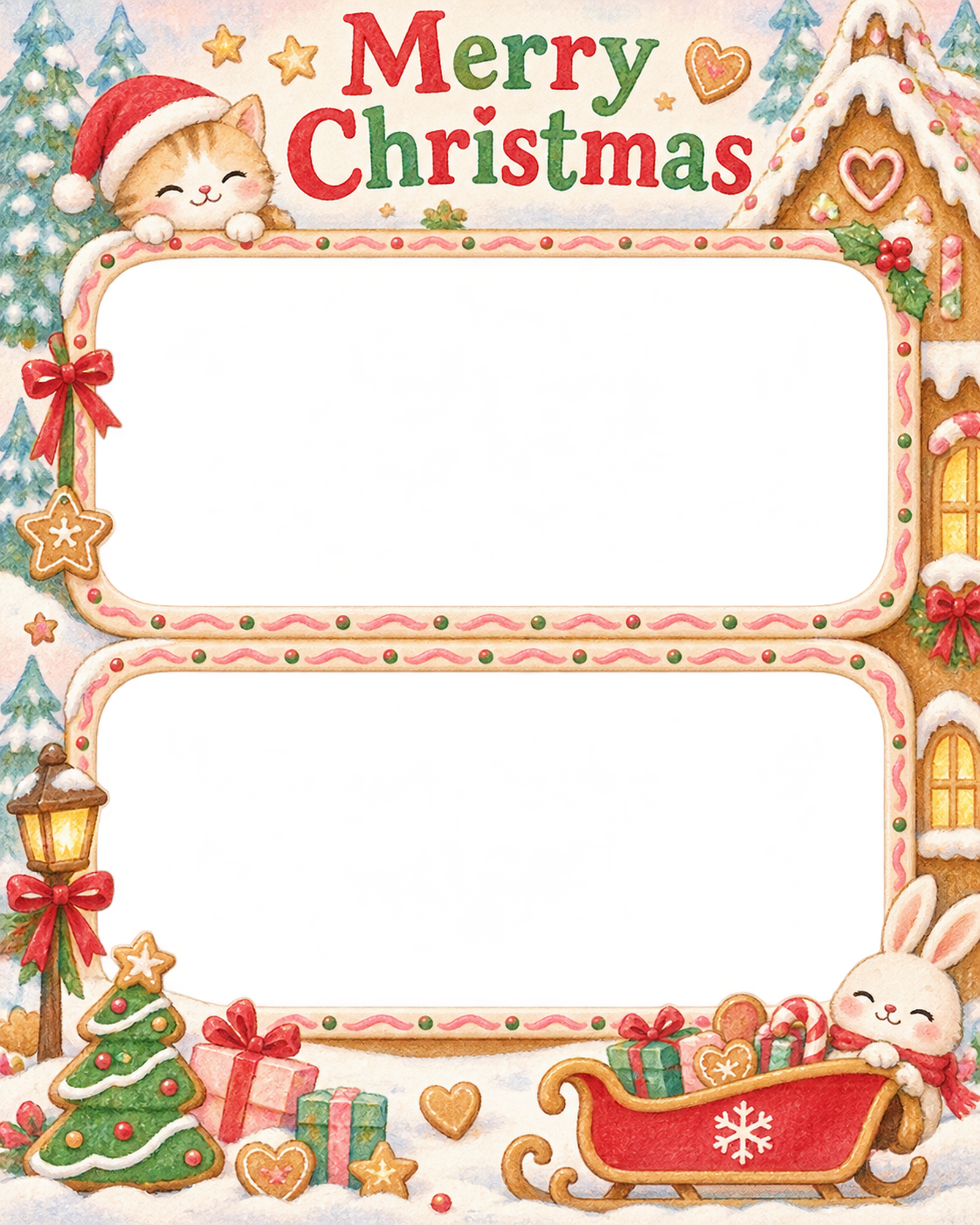 赤いそりの家族・兄弟姉妹のクリスマス写真フレーム｜お菓子の家でお祝い・無料イラスト 99873に写真・文字を入れる