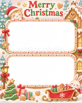 赤いそりの家族・兄弟姉妹のクリスマス写真フレーム｜お菓子の家でお祝い・無料イラスト 99873