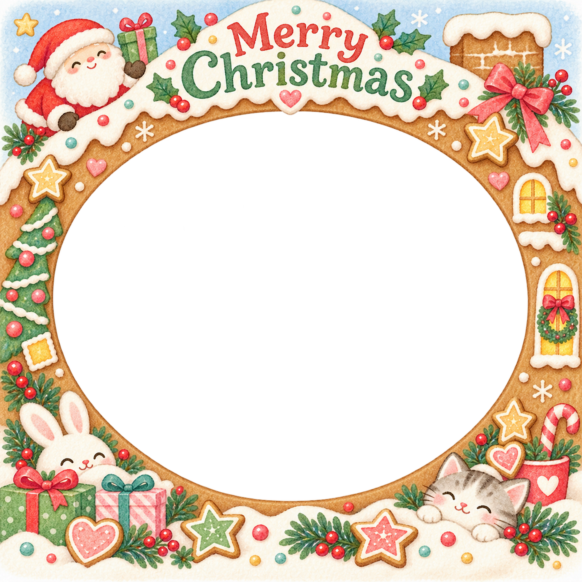 クッキーの星の家族・兄弟姉妹のクリスマス写真フレーム｜お菓子の家でお祝い・無料イラスト 99874に写真・文字を入れる