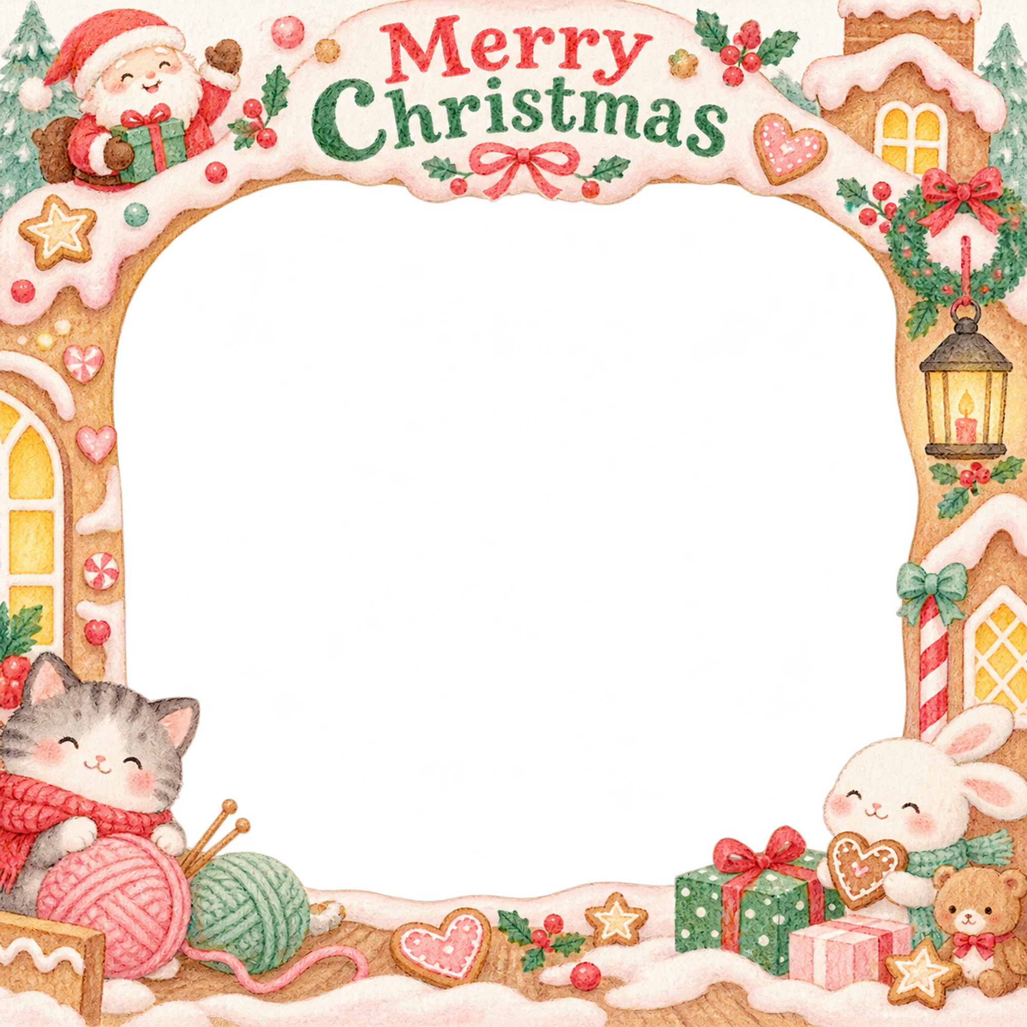 ランタンと毛糸の家族・兄弟姉妹のクリスマス写真フレーム｜お菓子の家でお祝い・無料イラスト 99875に写真・文字を入れる