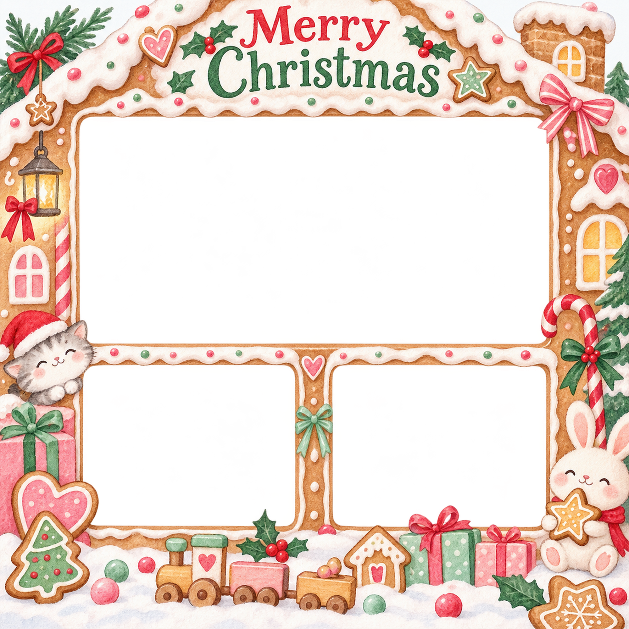 木のおもちゃの家族・兄弟姉妹のクリスマス写真フレーム｜お菓子の家でお祝い・無料イラスト 99876に写真・文字を入れる